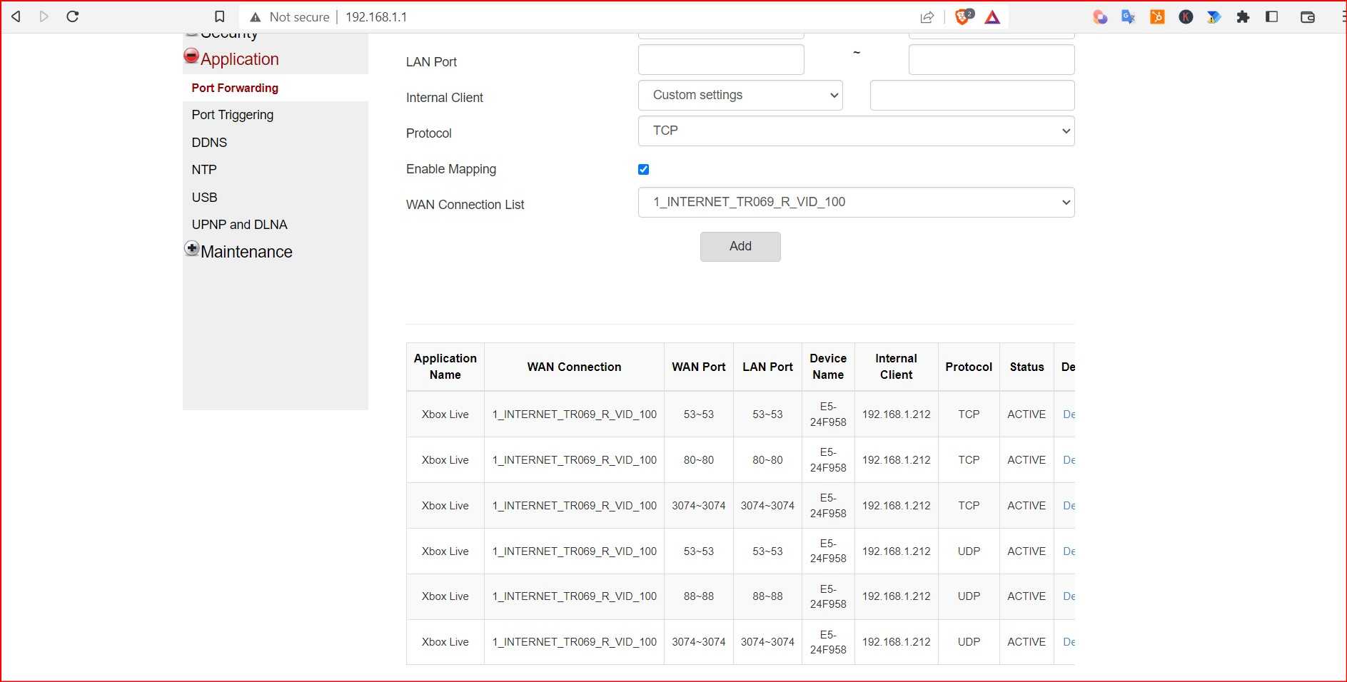 Port Forwarding on Router settings page