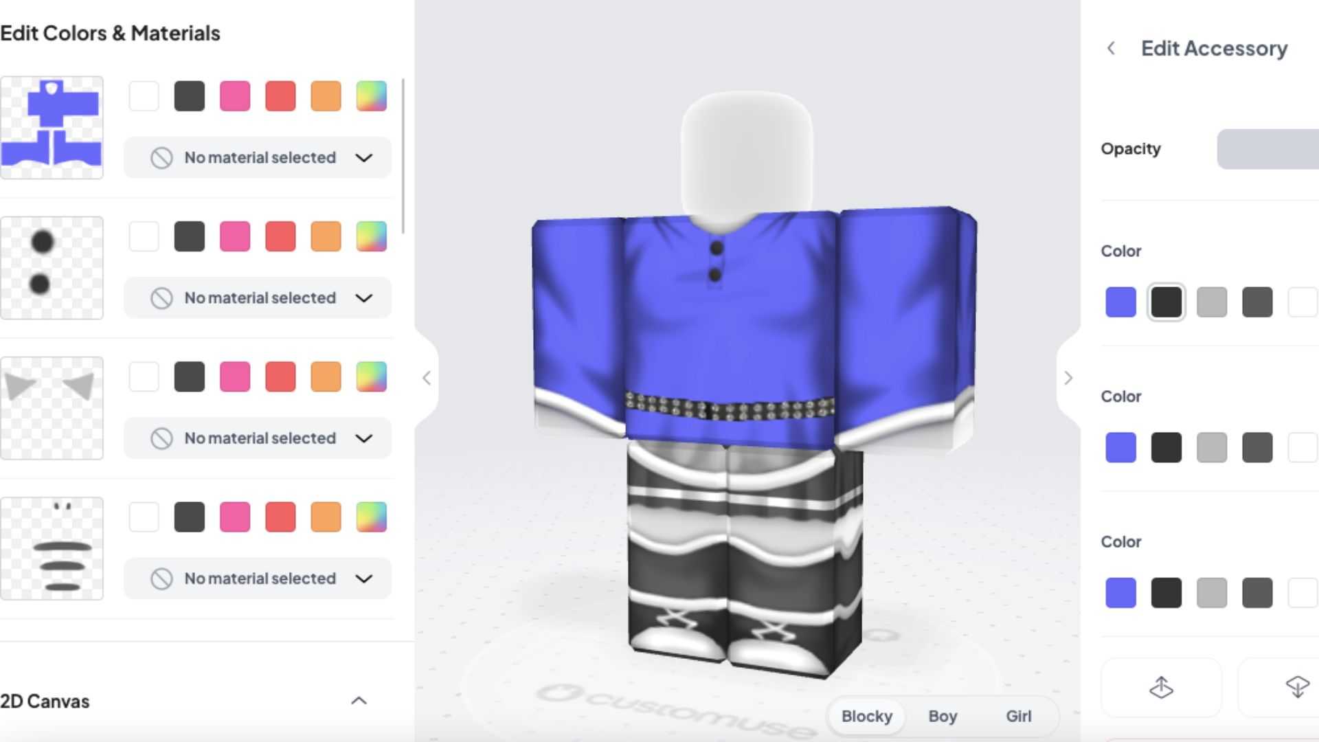 A screenshot of a Roblox outfit template being edited with different colors on Customuse.