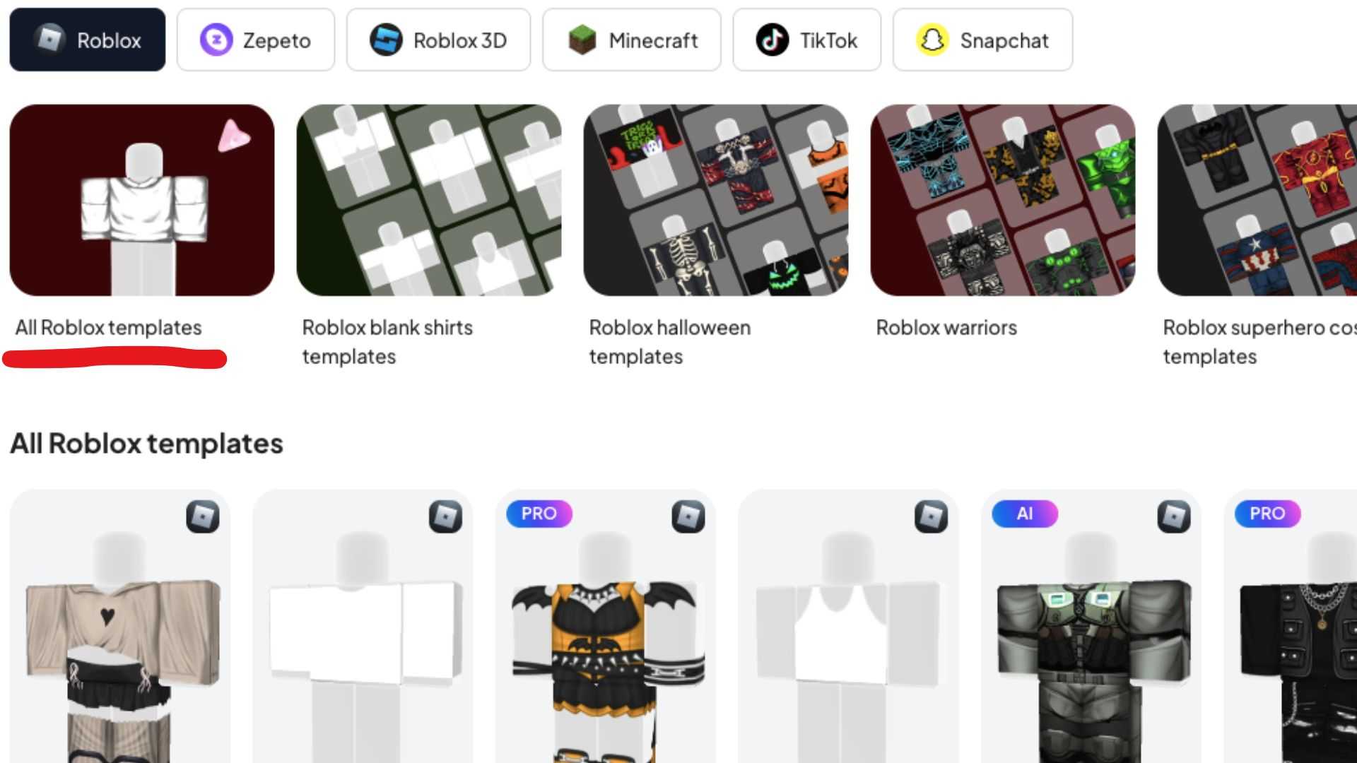 An image from Customuse of their homepage with the All Roblox Templates option underlined.