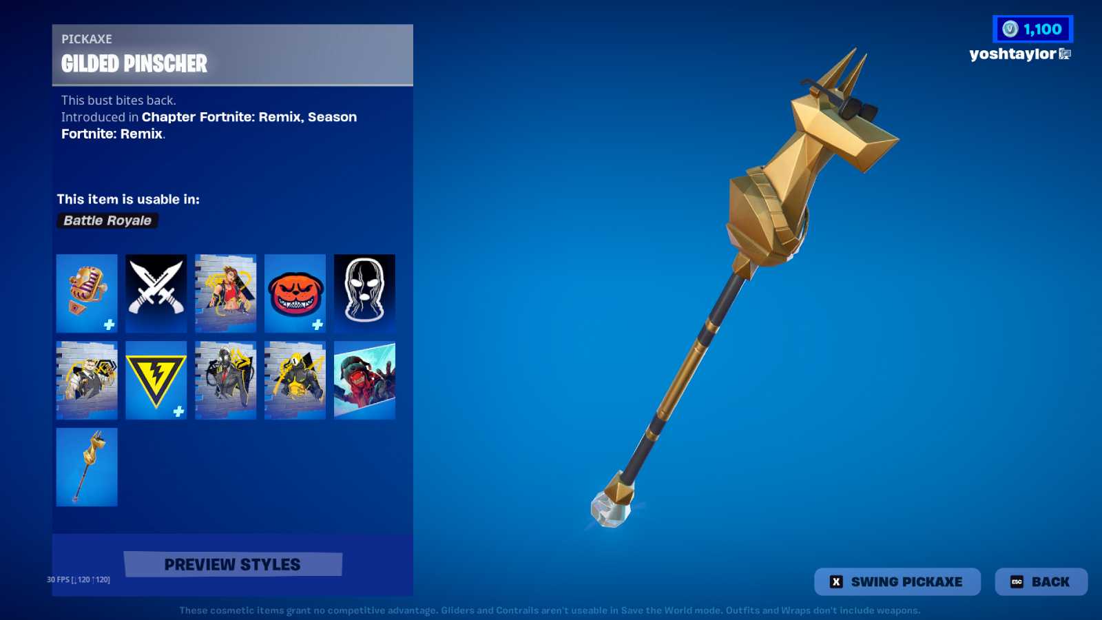 Fortnite Gilded Pinscher Pickaxe reward for completing Ranked Quests.