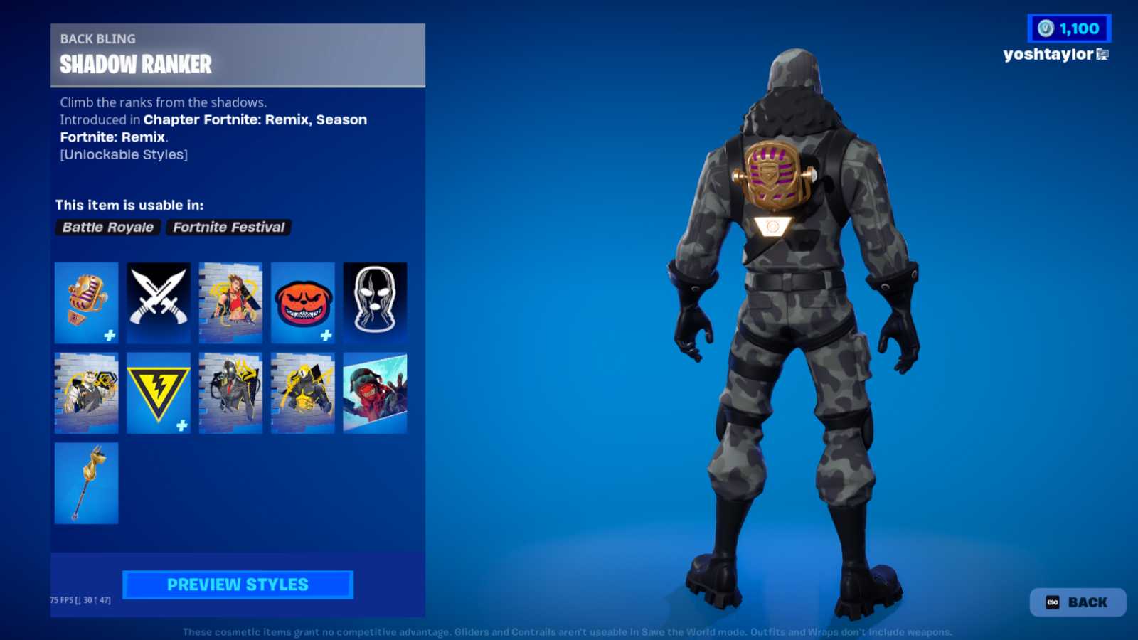 Fortnite Shadow Ranker Back Bling reward for completing Ranked Quests.