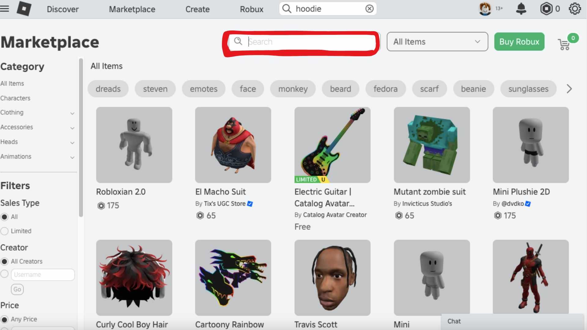 A screenshot of the Roblox homepage with the search bar highlighted.