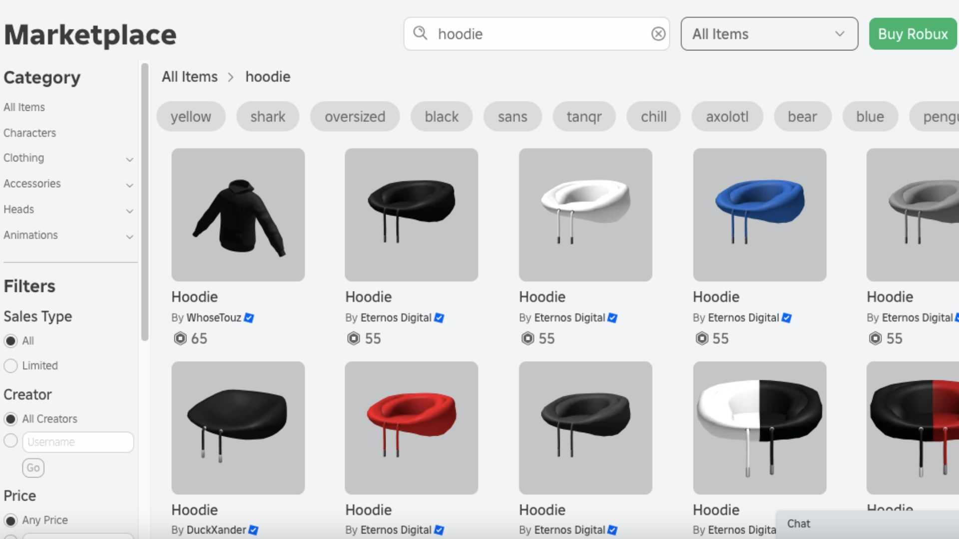 A screenshot of a Hoodie being searched for in Roblox.