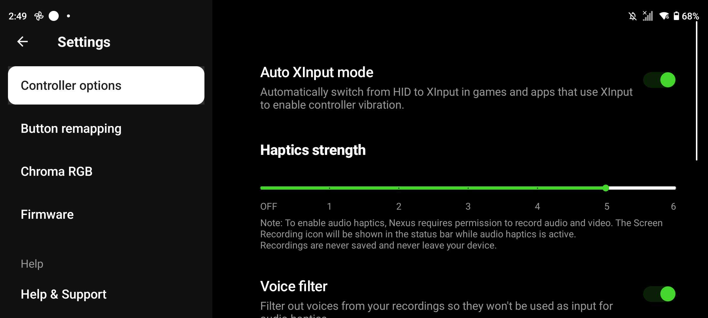 Nexus Software haptics control