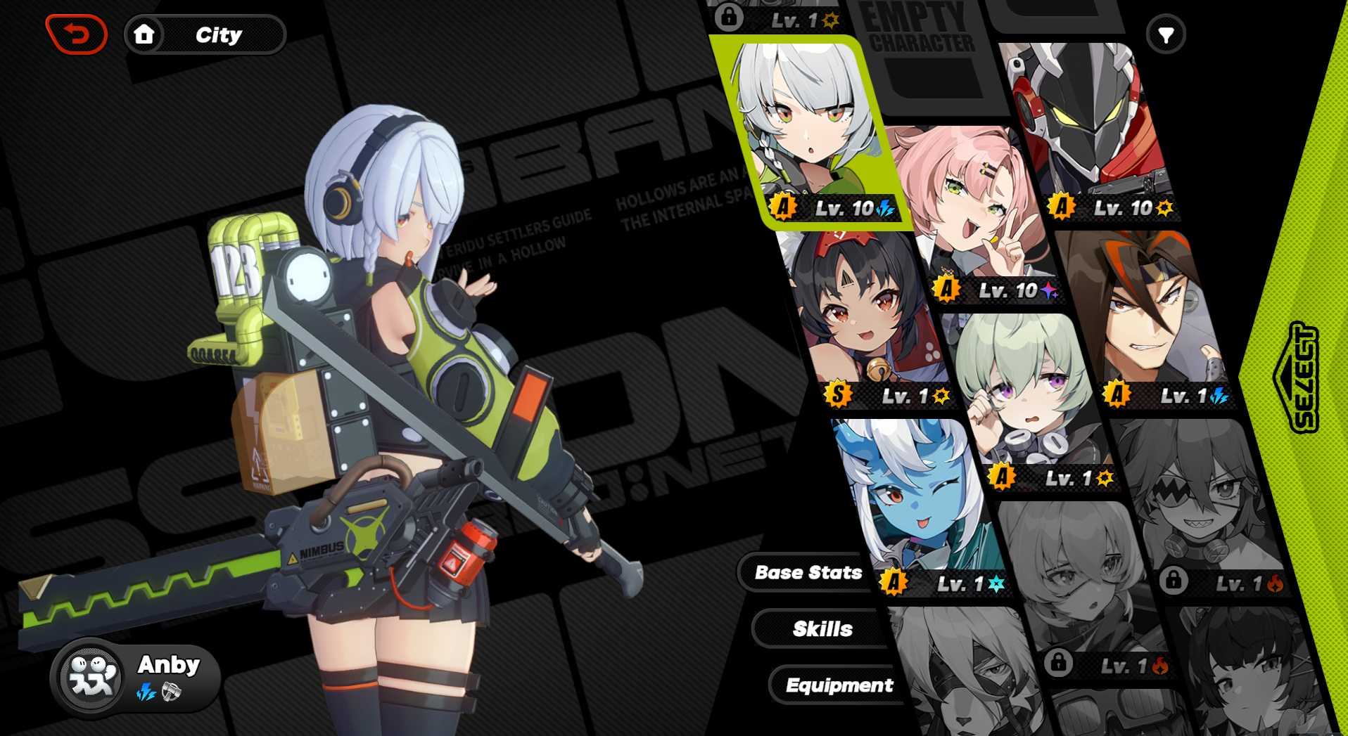 A screenshot of Anby from the character menu