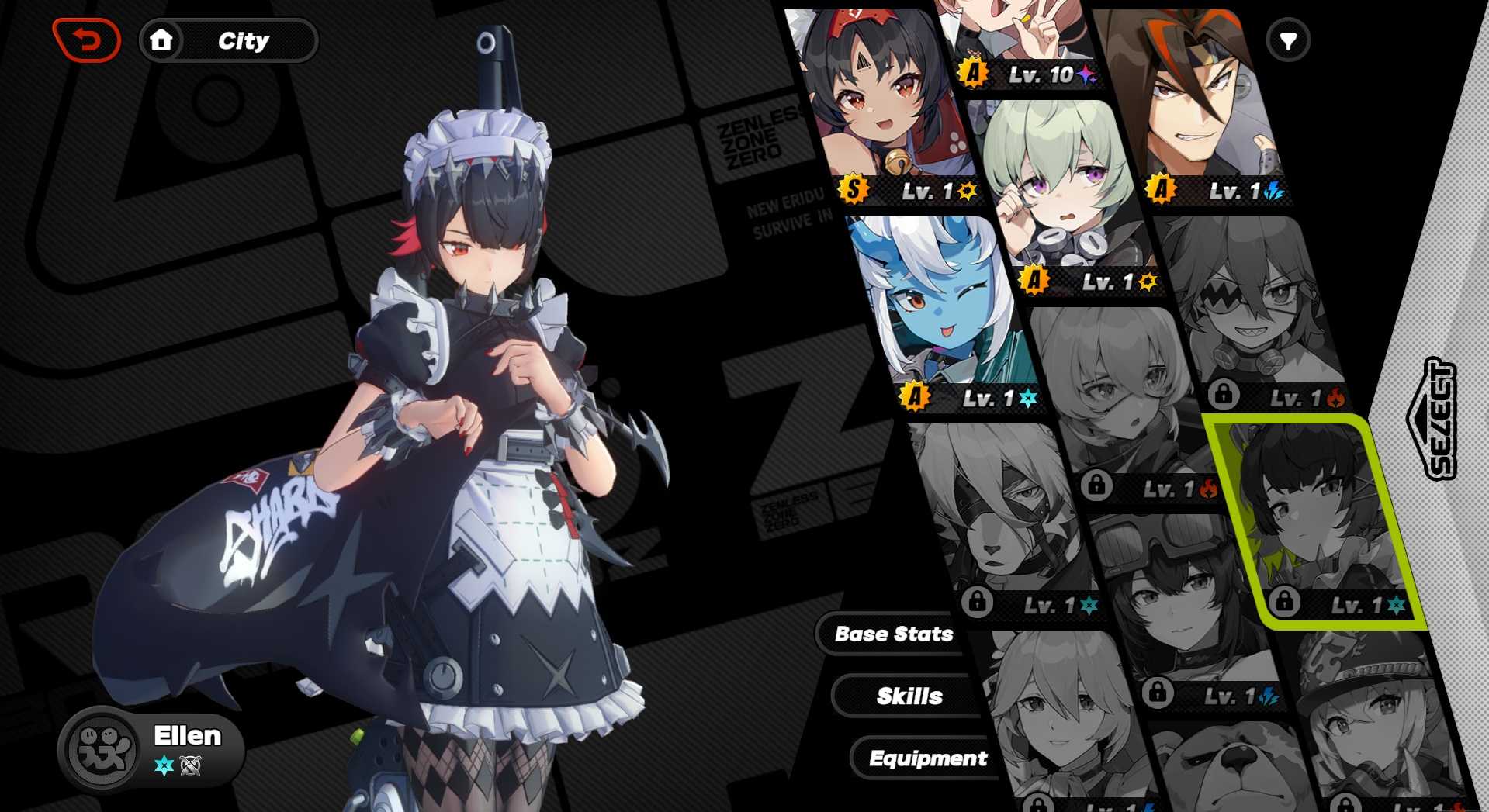 A screenshot of Ellen from the character menu