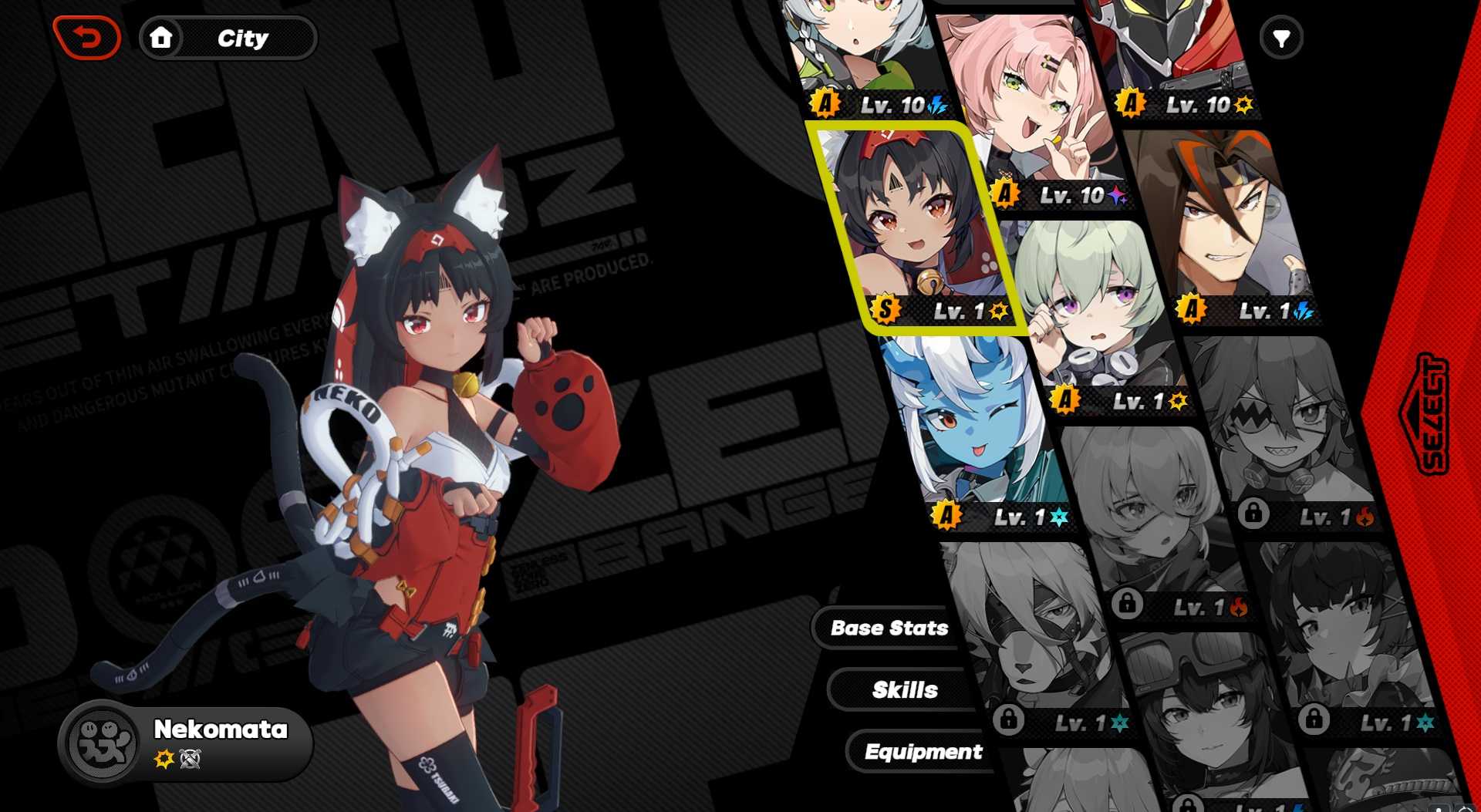 A screenshot of Nekomata from the character menu