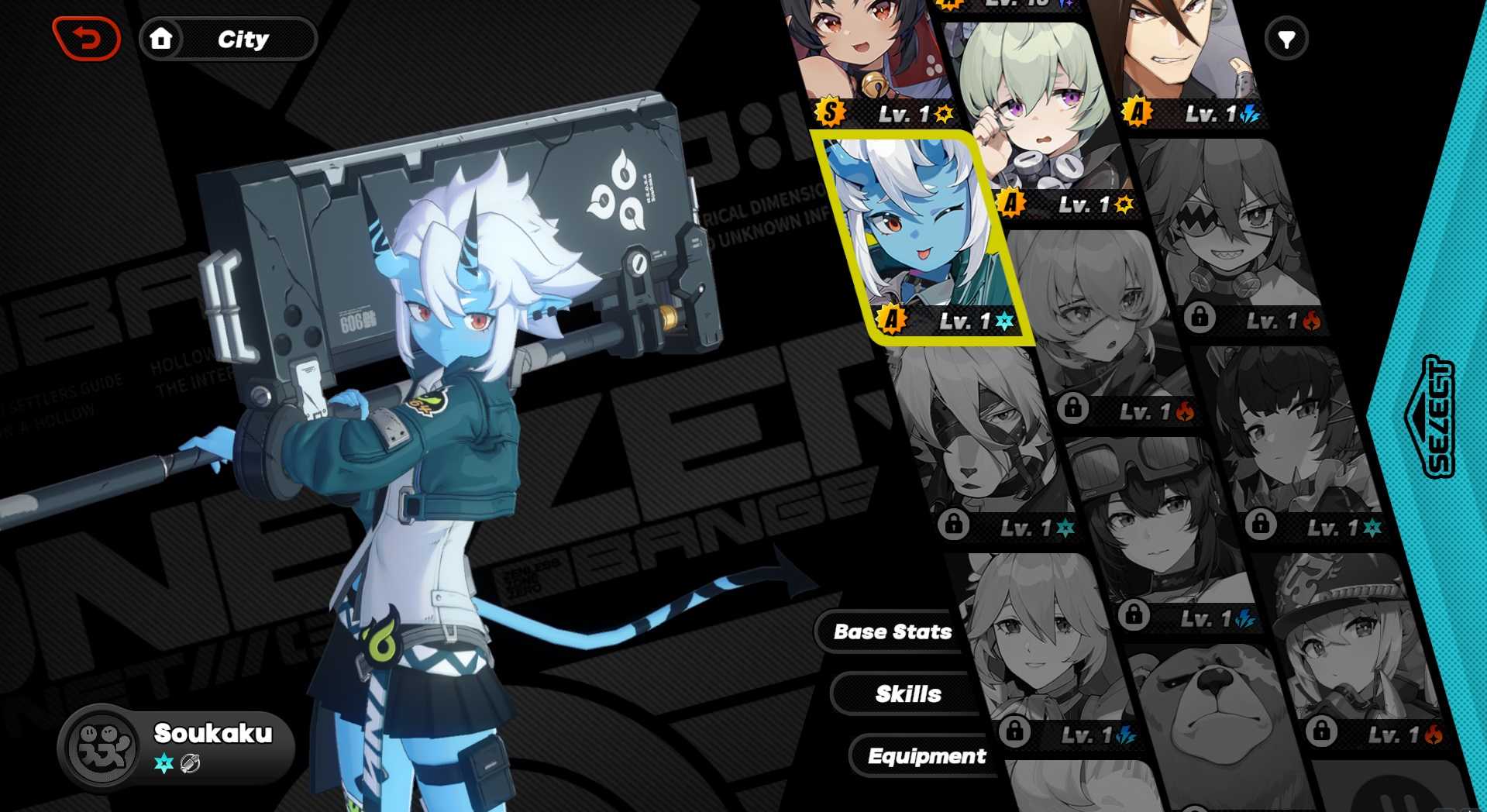 A screenshot of Soukaku from the character menu