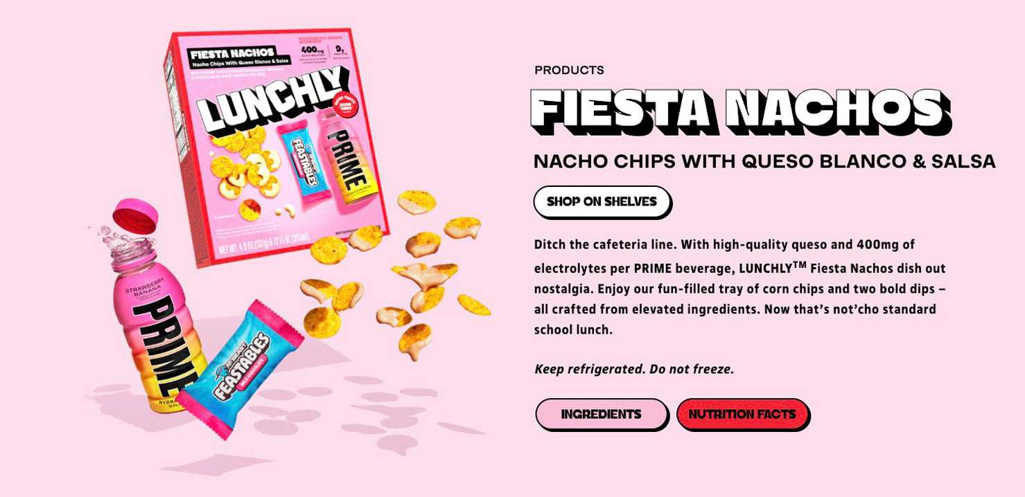 an image of the Fiesta Nacho variant of Lunchly accompanied by a description and buttons to learn more