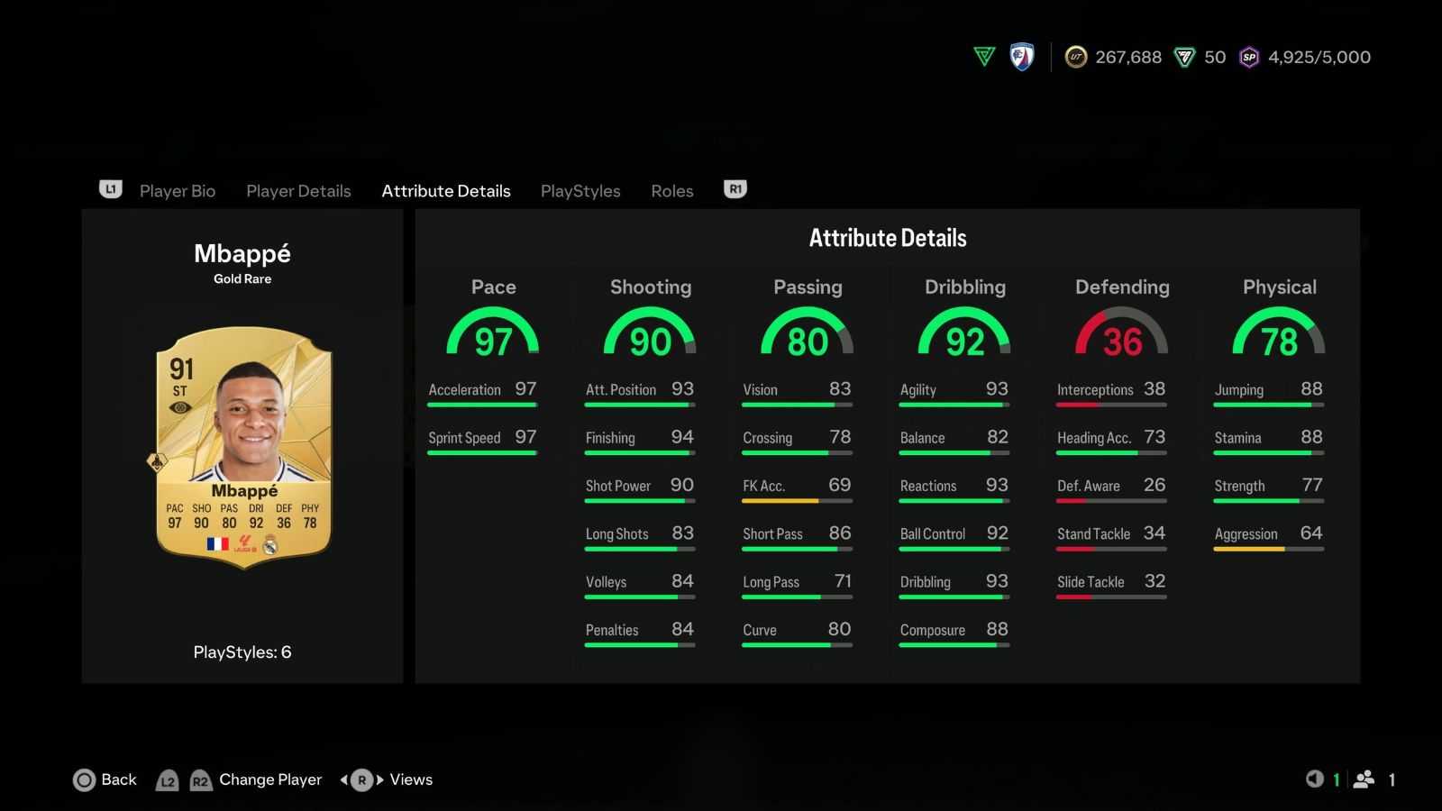 Screenshot of Mbappe stats in EA FC 25 Ultimate Team