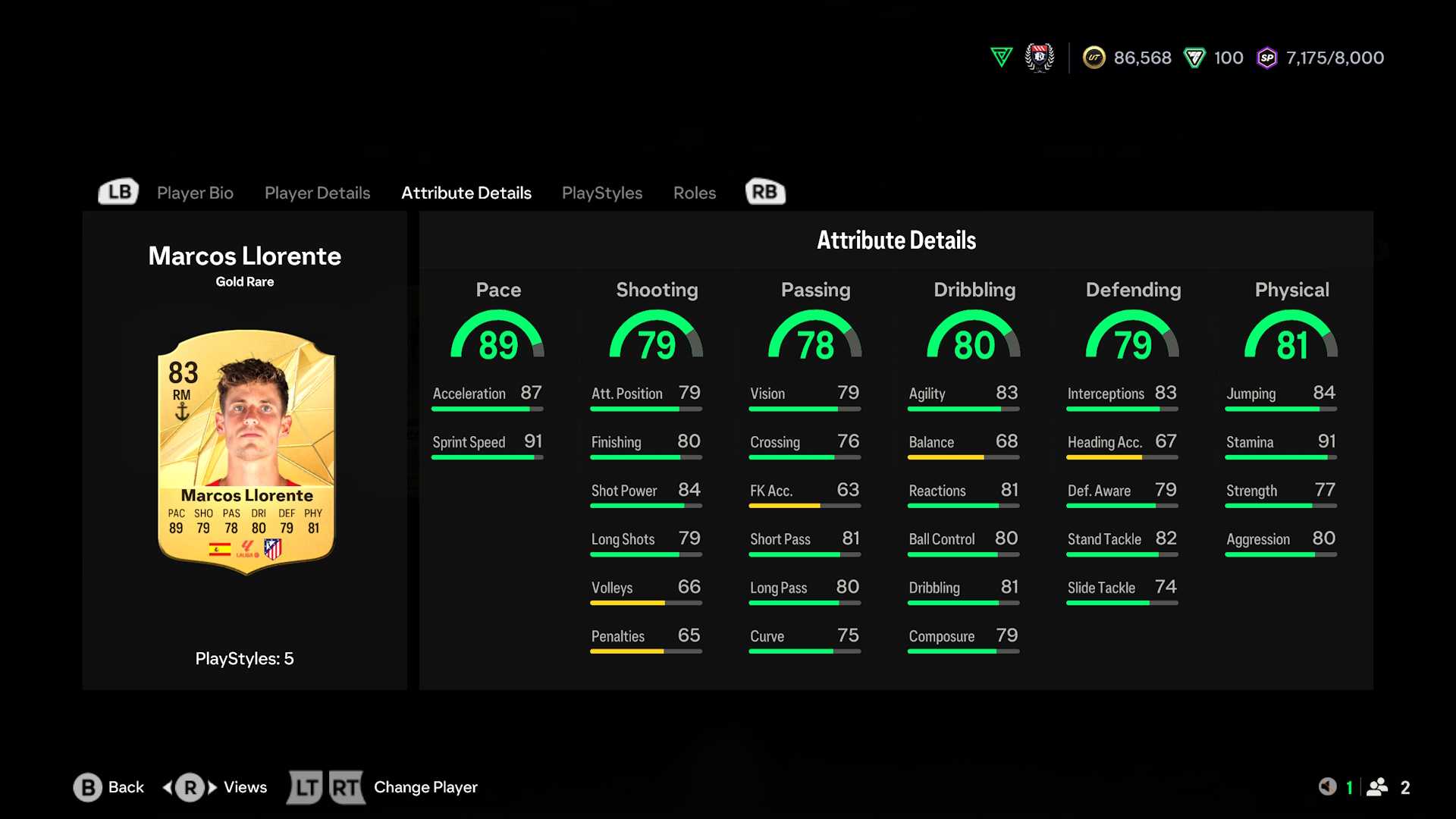 Screenshot of Marcos Llorente's attributes in EA FC 25 Ultimate Team.