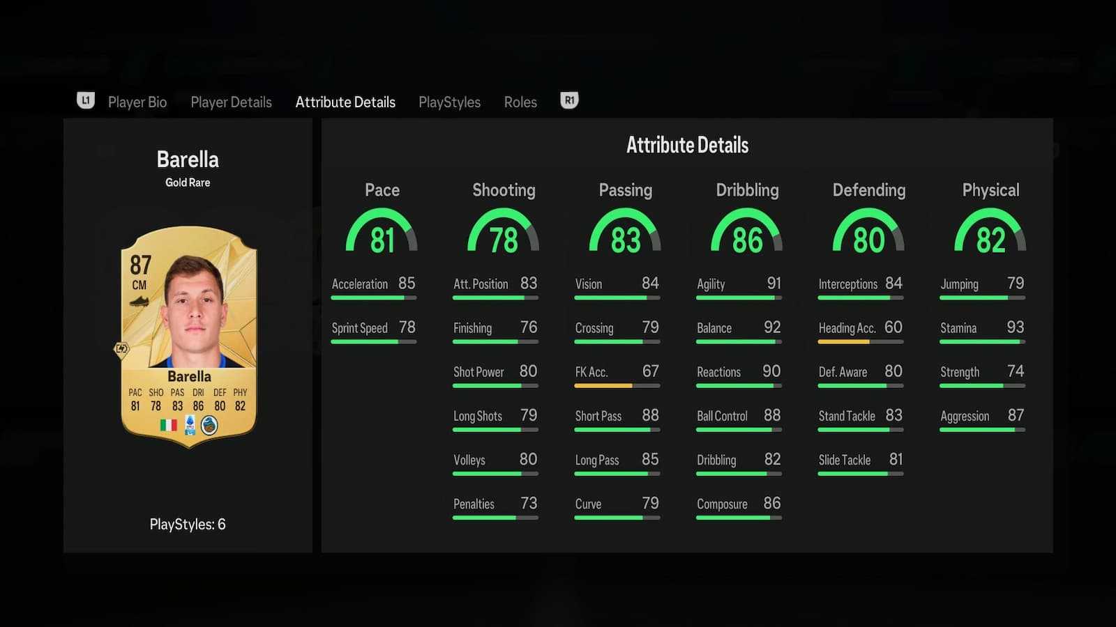 Barella's attributes in EA FC 25