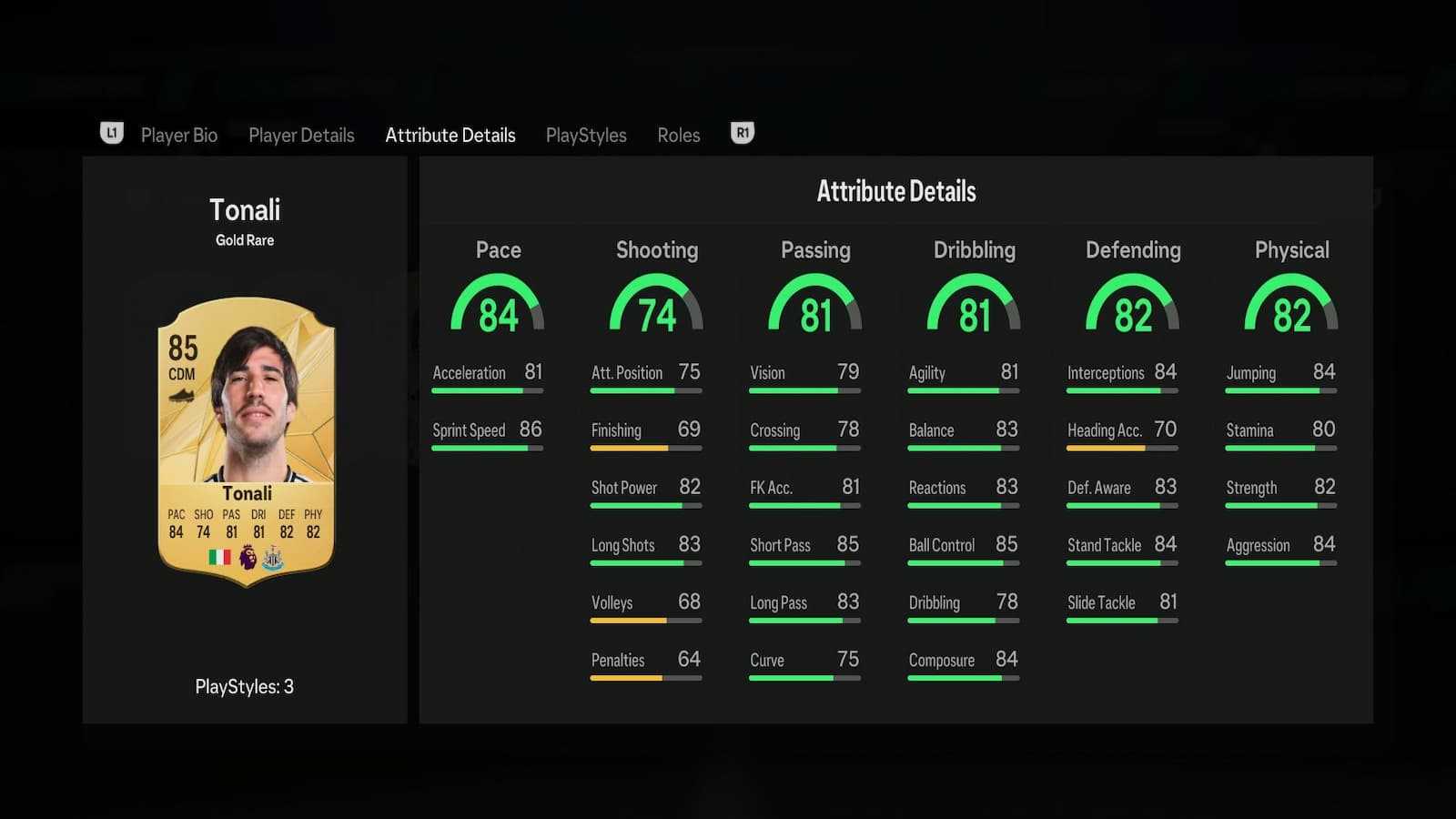 Tonali's attributes in EA FC 25