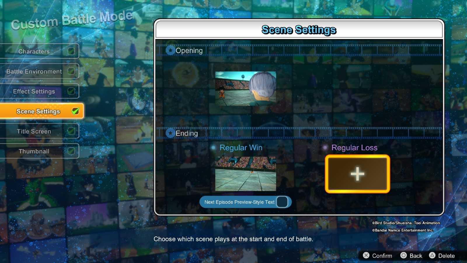 An image of the Scene Settings menu in Dragon Ball: Sparking Zero.