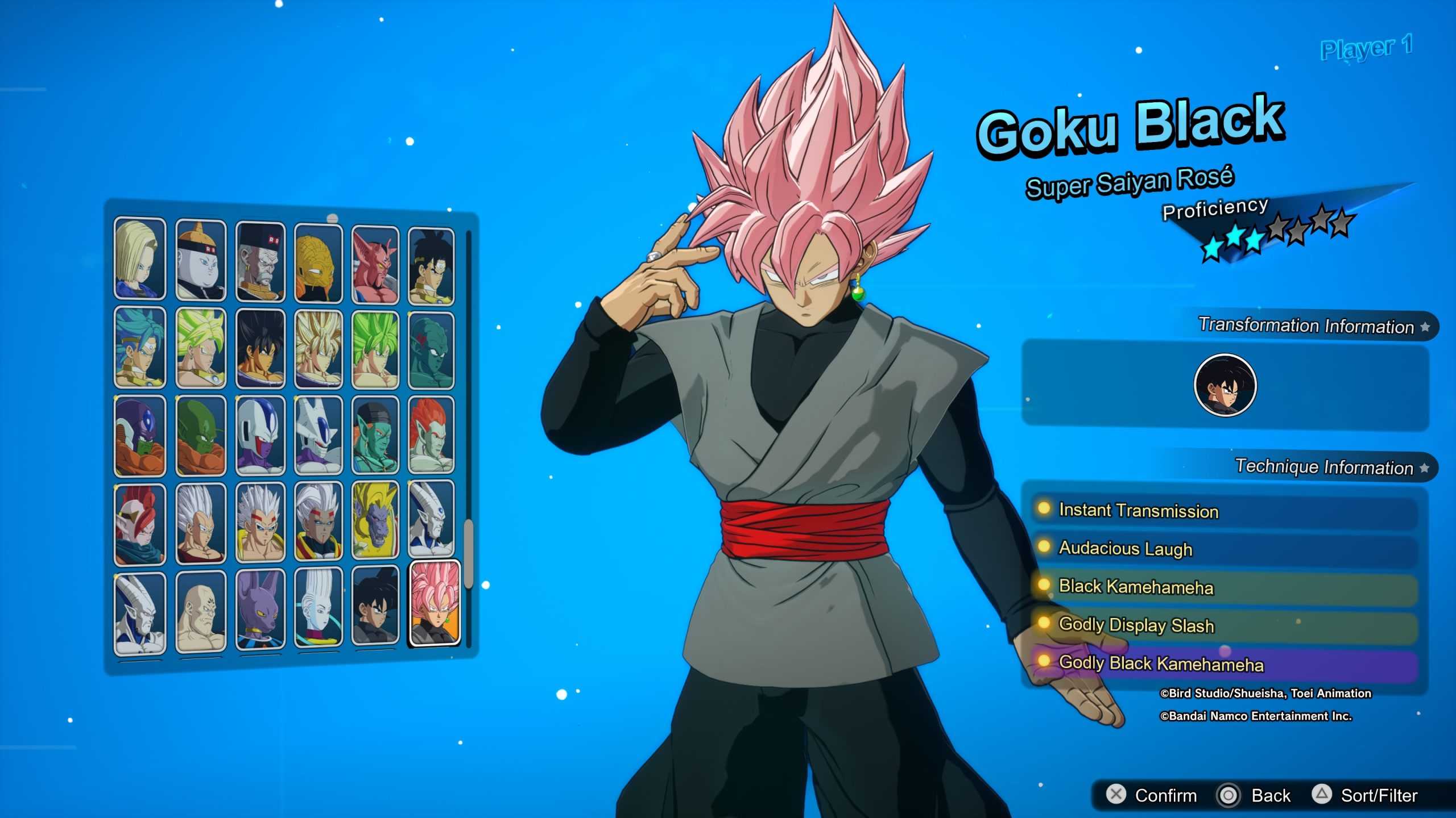 A screenshot of Goku Black on the character select screen in Dragon Ball: Sparking Zero.