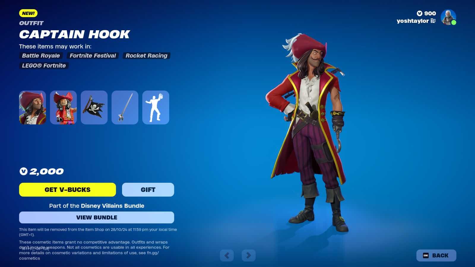 Captain Hook skin in Fortnite.