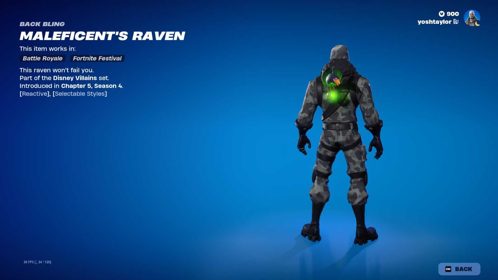 Maleficent's Raven Back Bling in Fortnite as part of the Disney Villains collection.