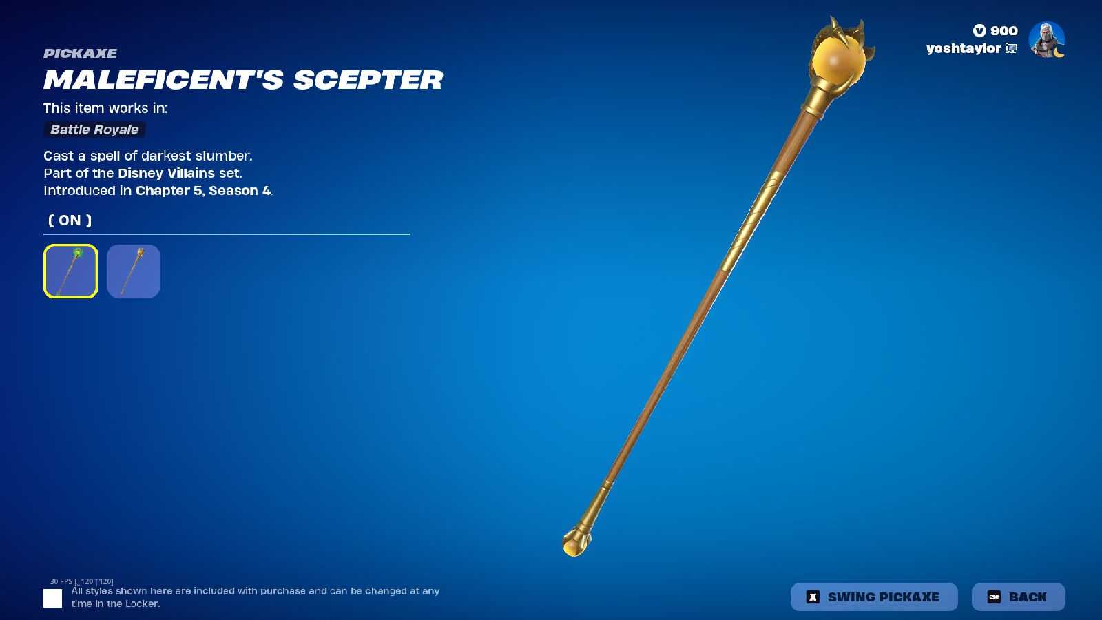 Maleficent Scepter Pickaxe in Fortnite as part of the Disney Villains collection.