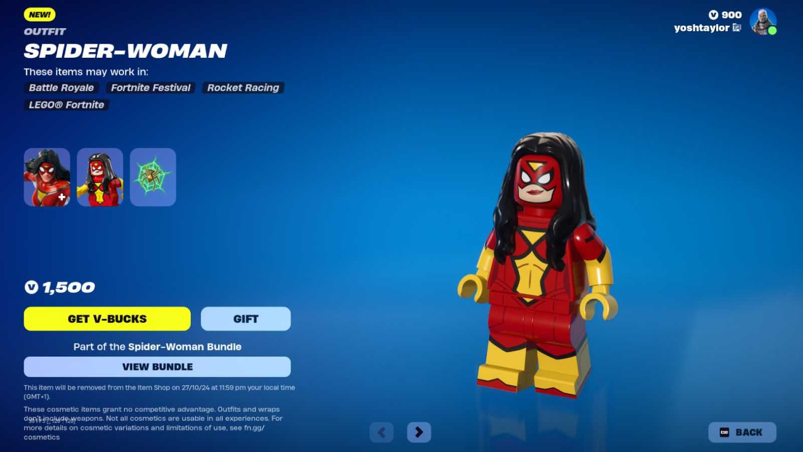 Spider-Woman LEGO skin style in Fortnite.