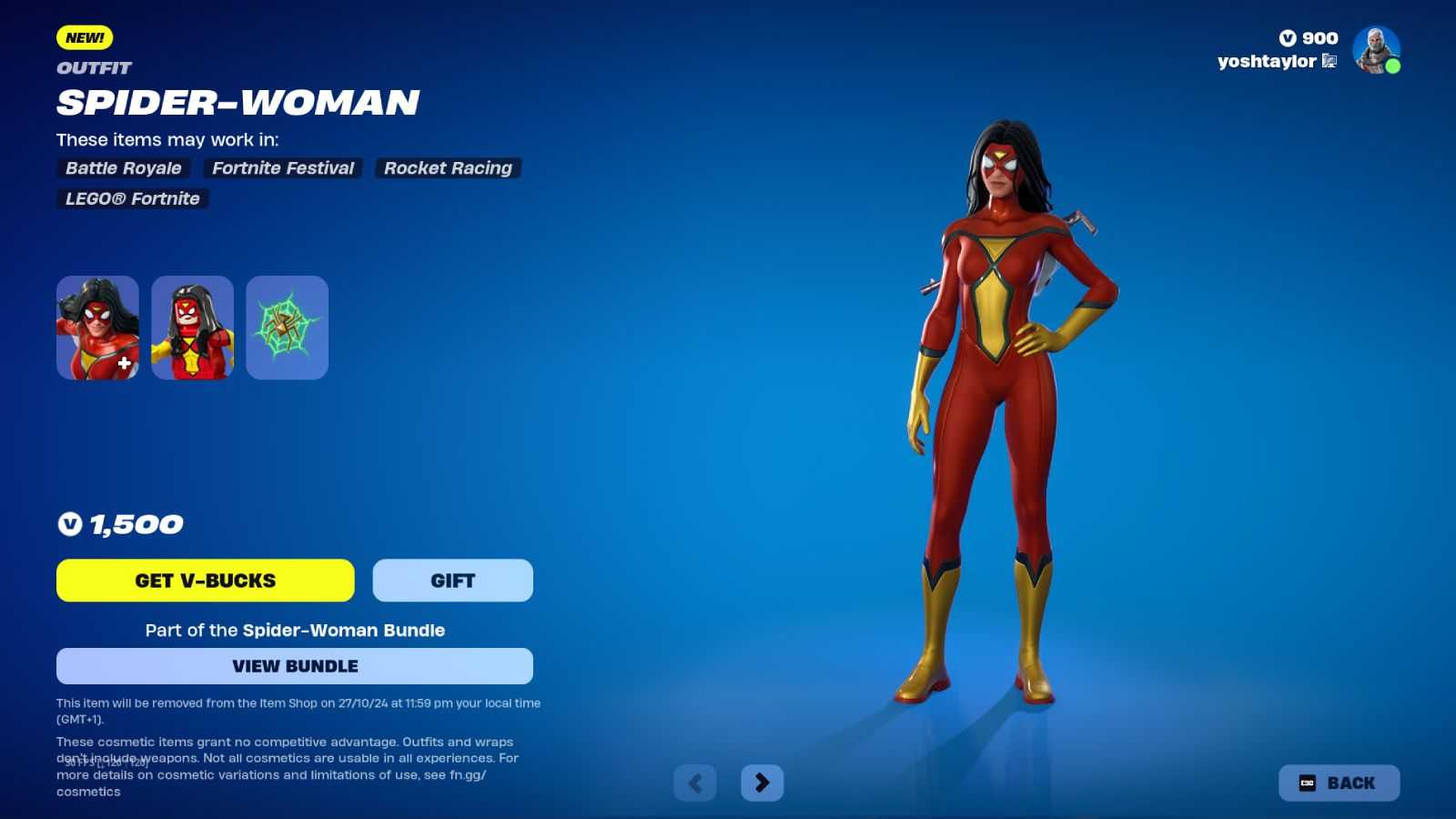 Individual Spider-Woman skin pack in Fortnite.