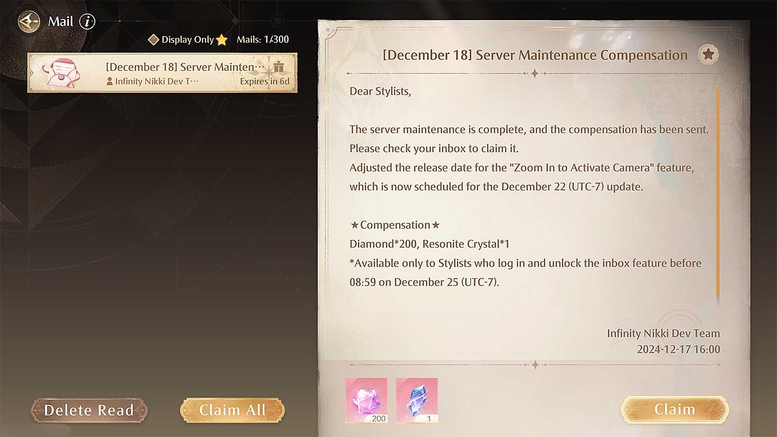 Mailbox message in Infinity Nikki