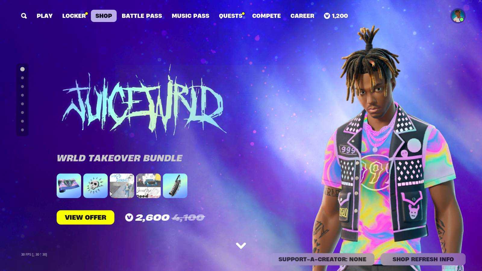 Screenshot of Juice WRLD's WRLD Takeover bundle in the Fortnite ing-game Item Shop.