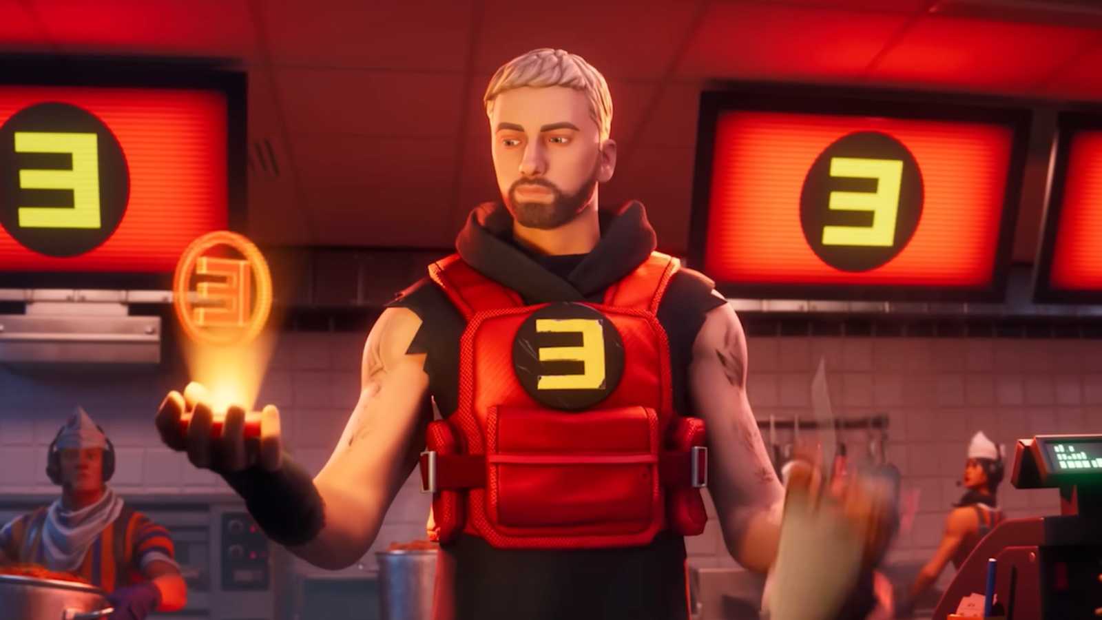 A screenshot featuring Eminem Rapboy Reloaded skin in Fortnite Chapter 2 Remix.