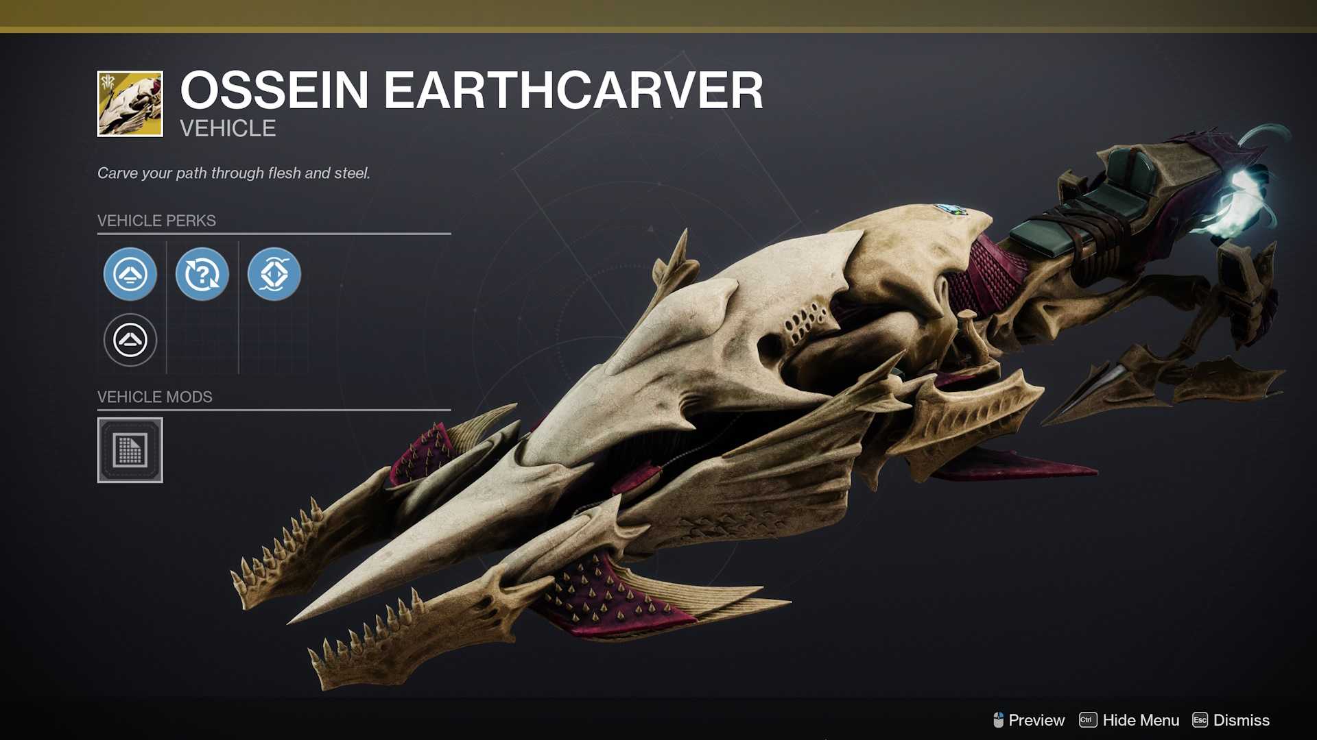 The Ossein Earthcarver sparrow in Destiny 2