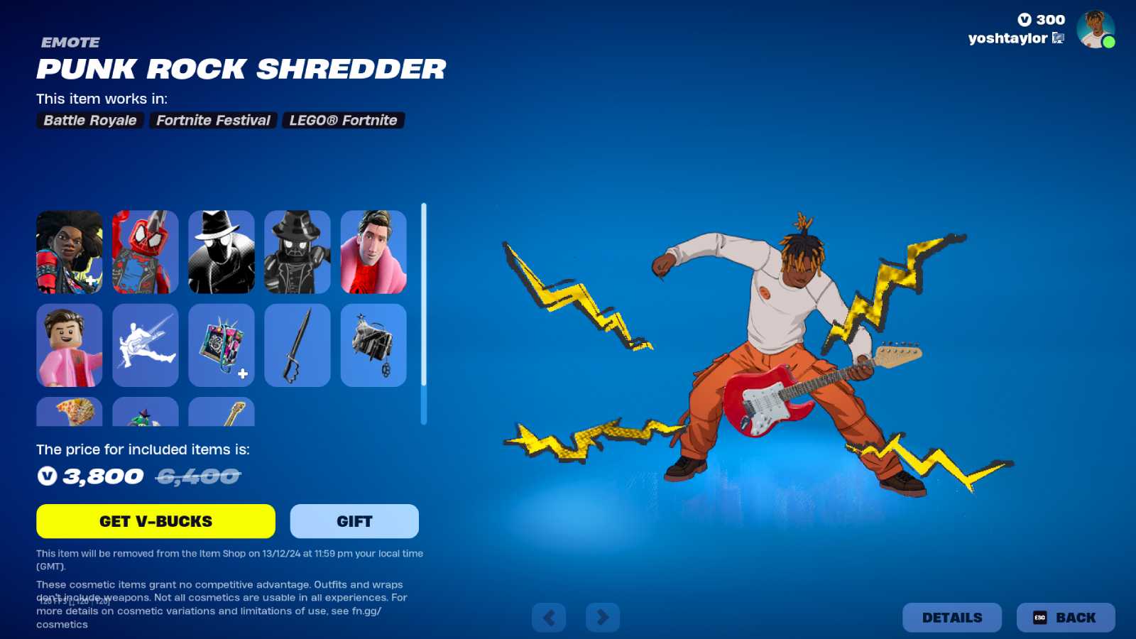 Fortnite screenshot of the Punk Rock Shredder Emote in Fortnite from the Spider-Gang bundle.