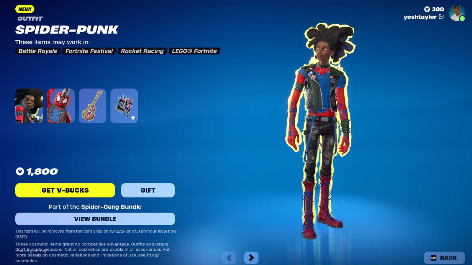 Fortnite screenshot of Spider-Punk skin.