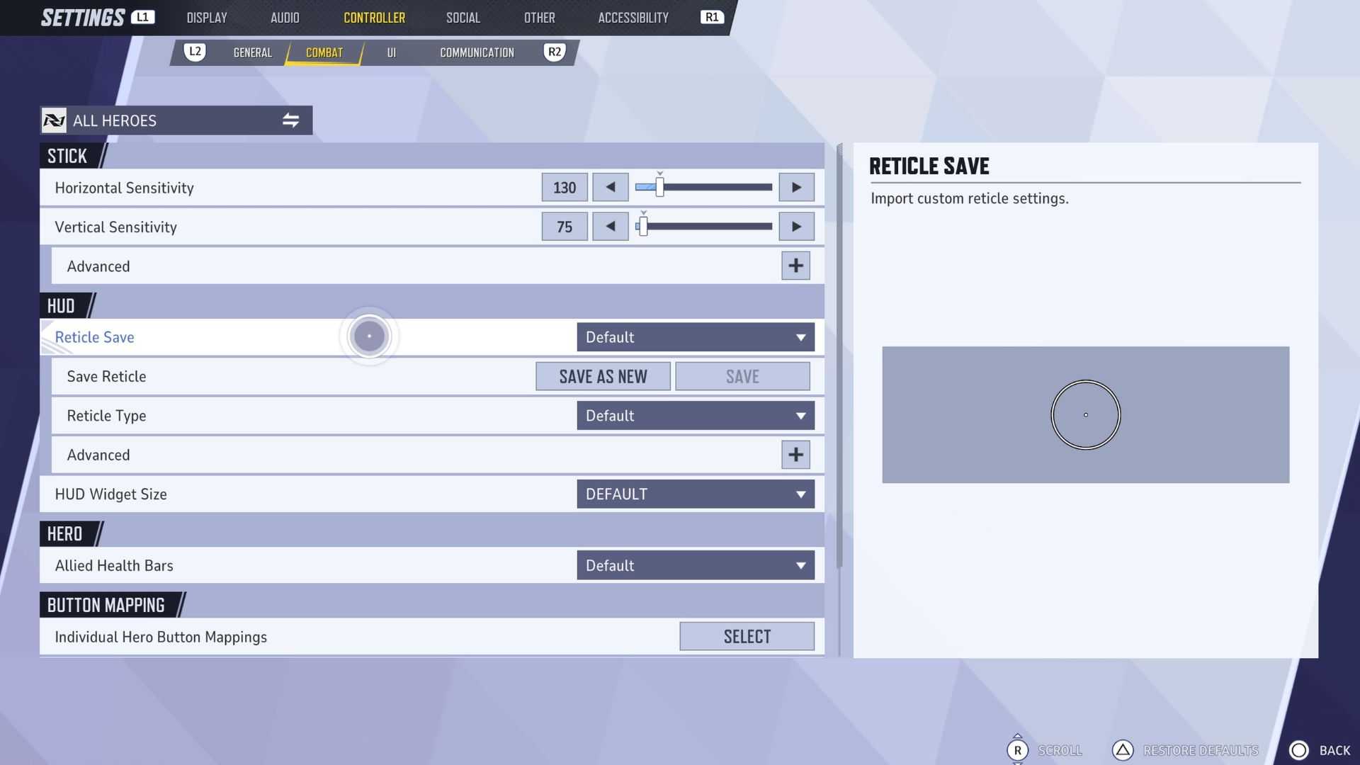 A screenshot of the controller combat settings menu in Marvel Rivals.