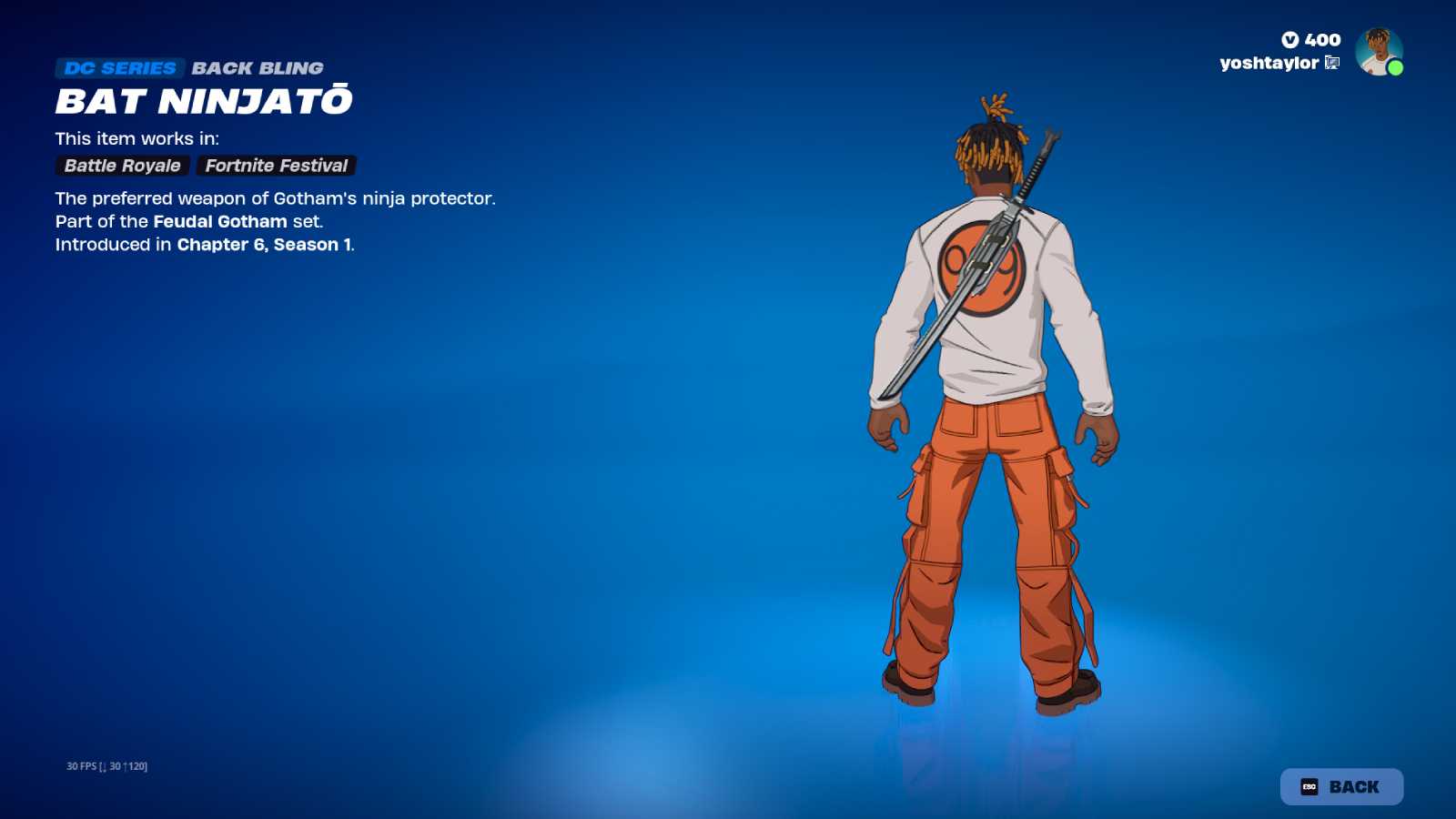 Bat Ninjato Back Bling in Fortnite.