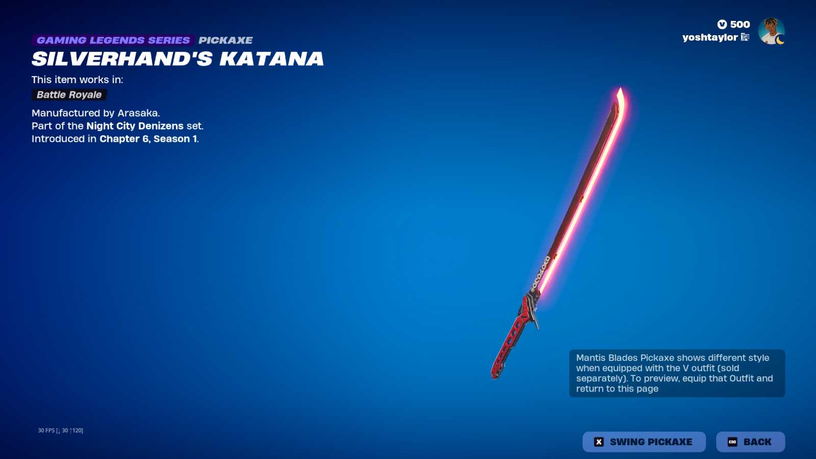 Silverhand's Katana Pickaxe in Fortnite.