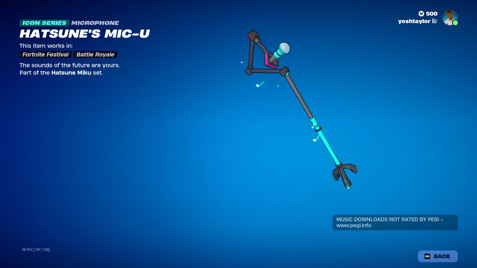 Fortnite screenshot of the Hatsune Mic-U Microphone as part of the Hatsune Miku Bundle in the Item Shop.