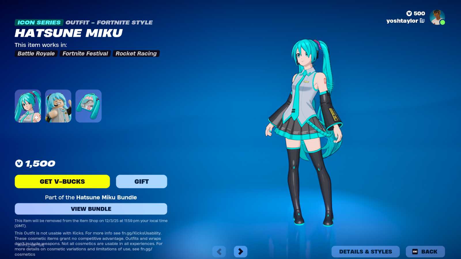 Fortnite screenshot of the Hatsune Miku skin in the Item Shop.