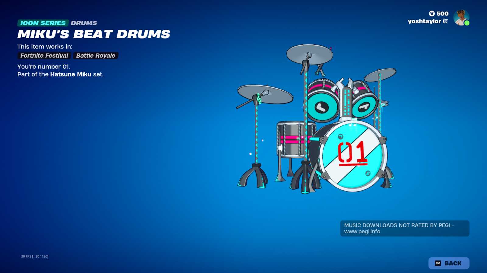 Fortnite screenshot of the Miku's Beat Drums as part of the Hatsune Miku Bundle in the Item Shop.