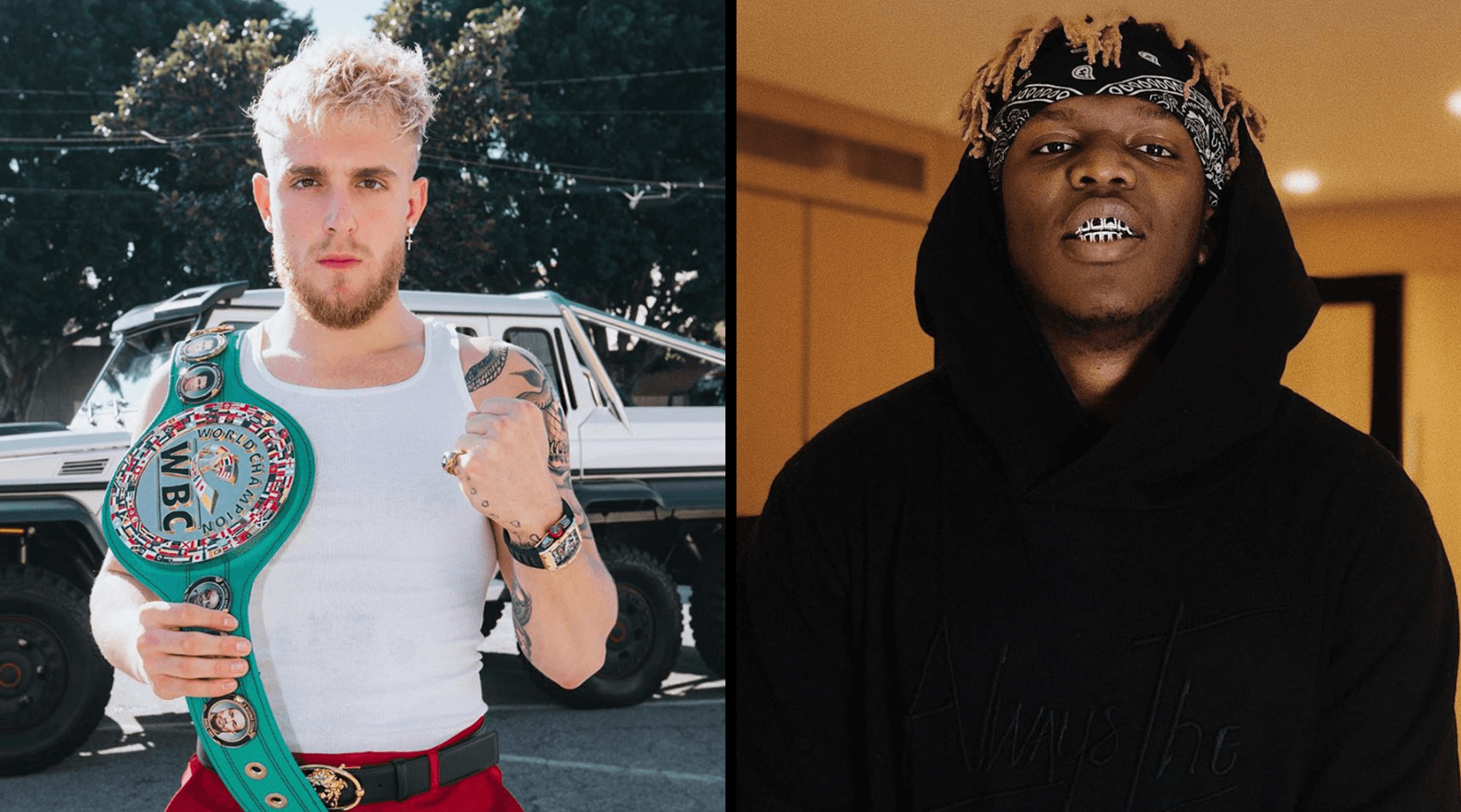 Jake Paul holding boxing belt while KSI poses