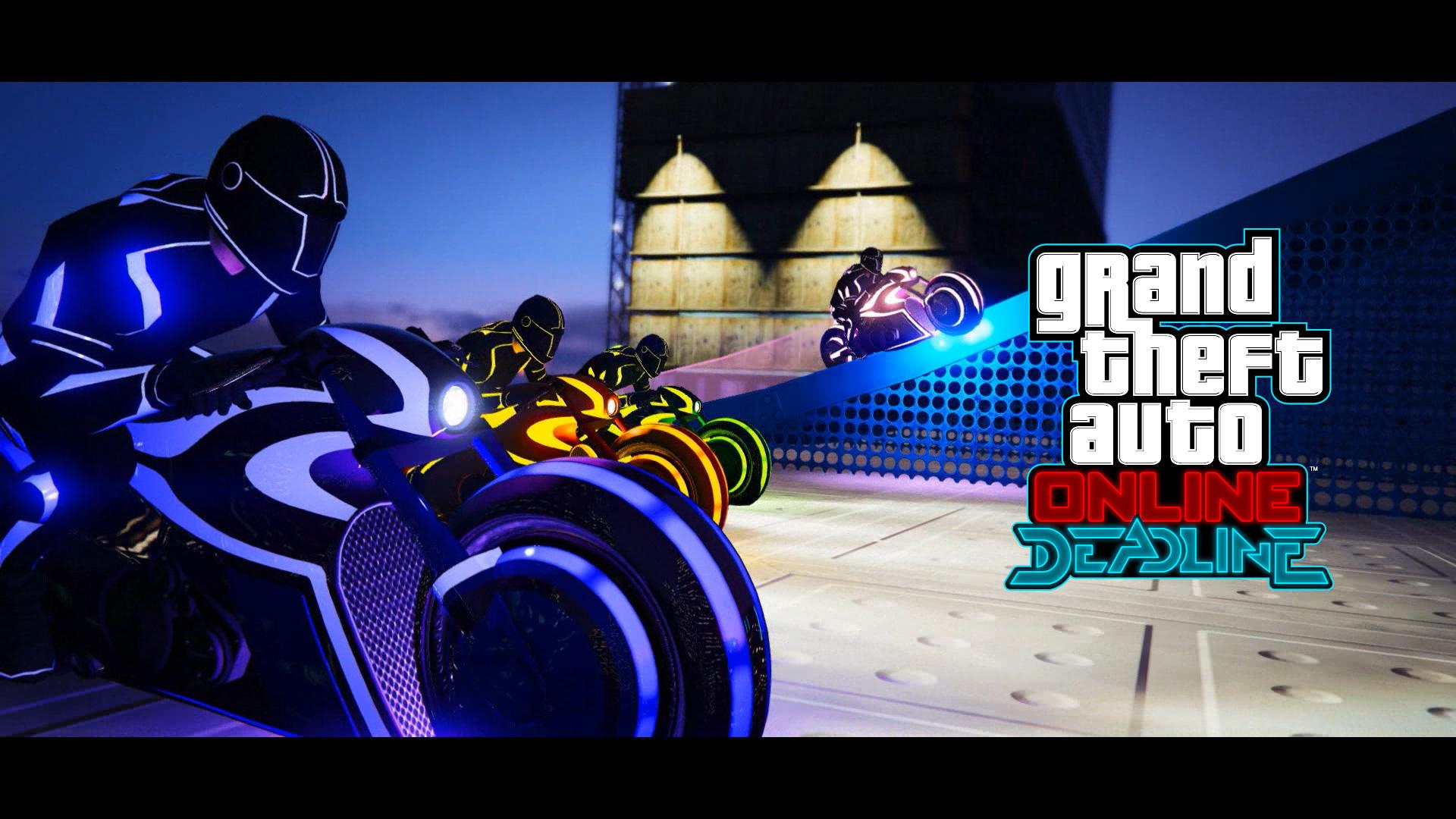 Man on TRON motorcycle playing Deadline in GTA Online