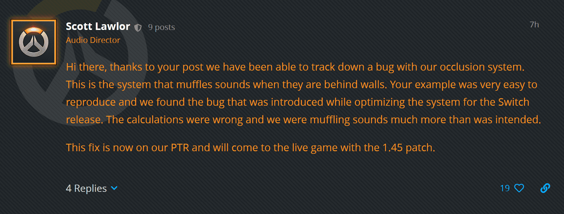 Overwatch developer responds to audio issue comment