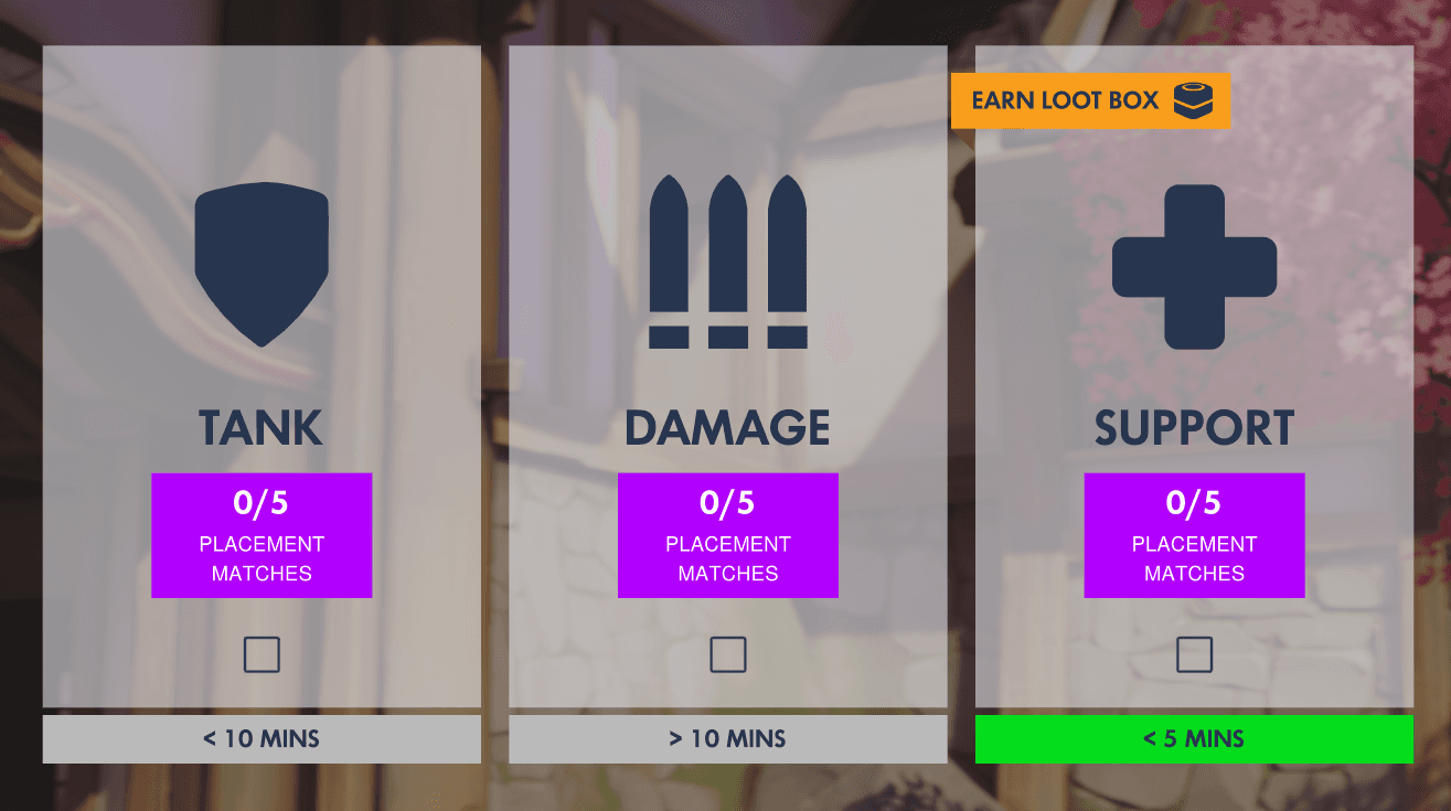 Overwatch Role Queue selection screen with Tank, Damage, and Support