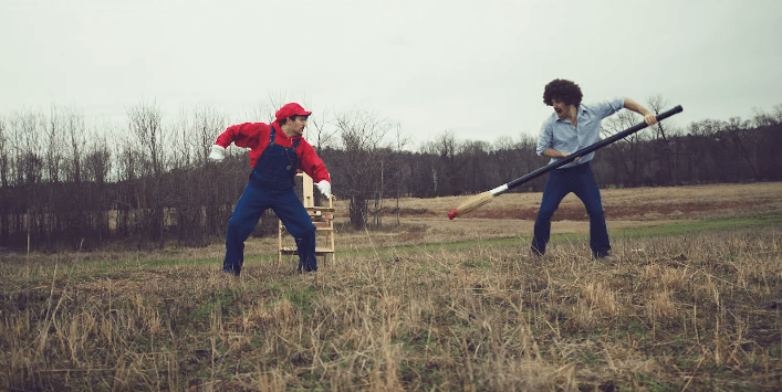 Mario fights a paintbrush-wielding Bob Ross in a Smash Bros parody video by Nukazooka.