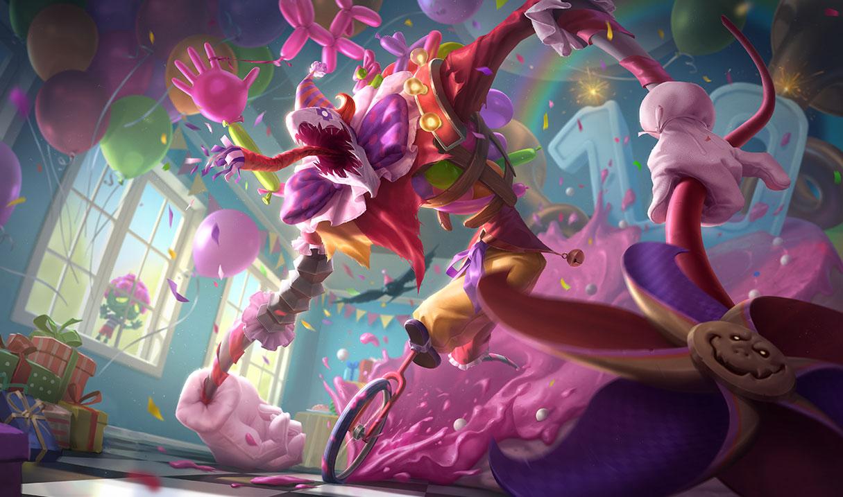 Surprise Party Fiddlesticks splash art for League of Legends