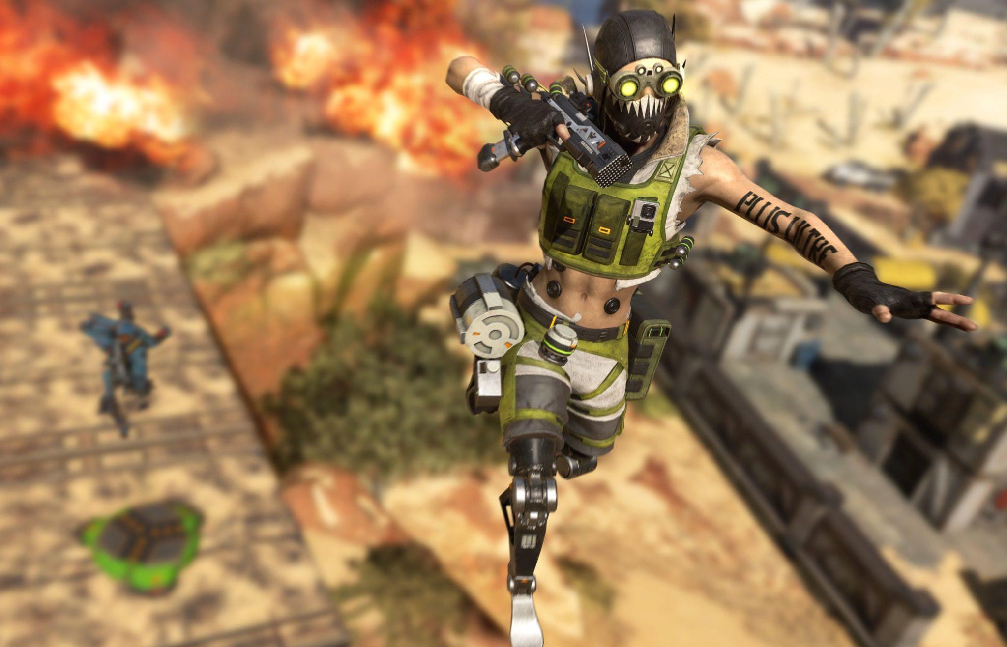 Octane using his Jump Pad in Apex Legends.