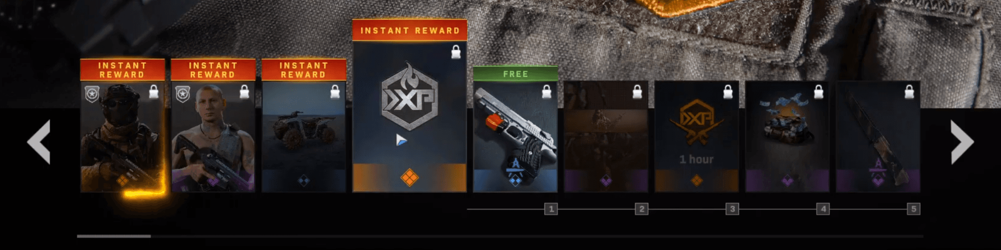 The instant items and tiers 1-5 of the Modern Warfare Season 3 Battle Pass.