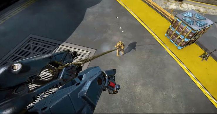 Pathfinder using Grappling Hook in Apex Legends.