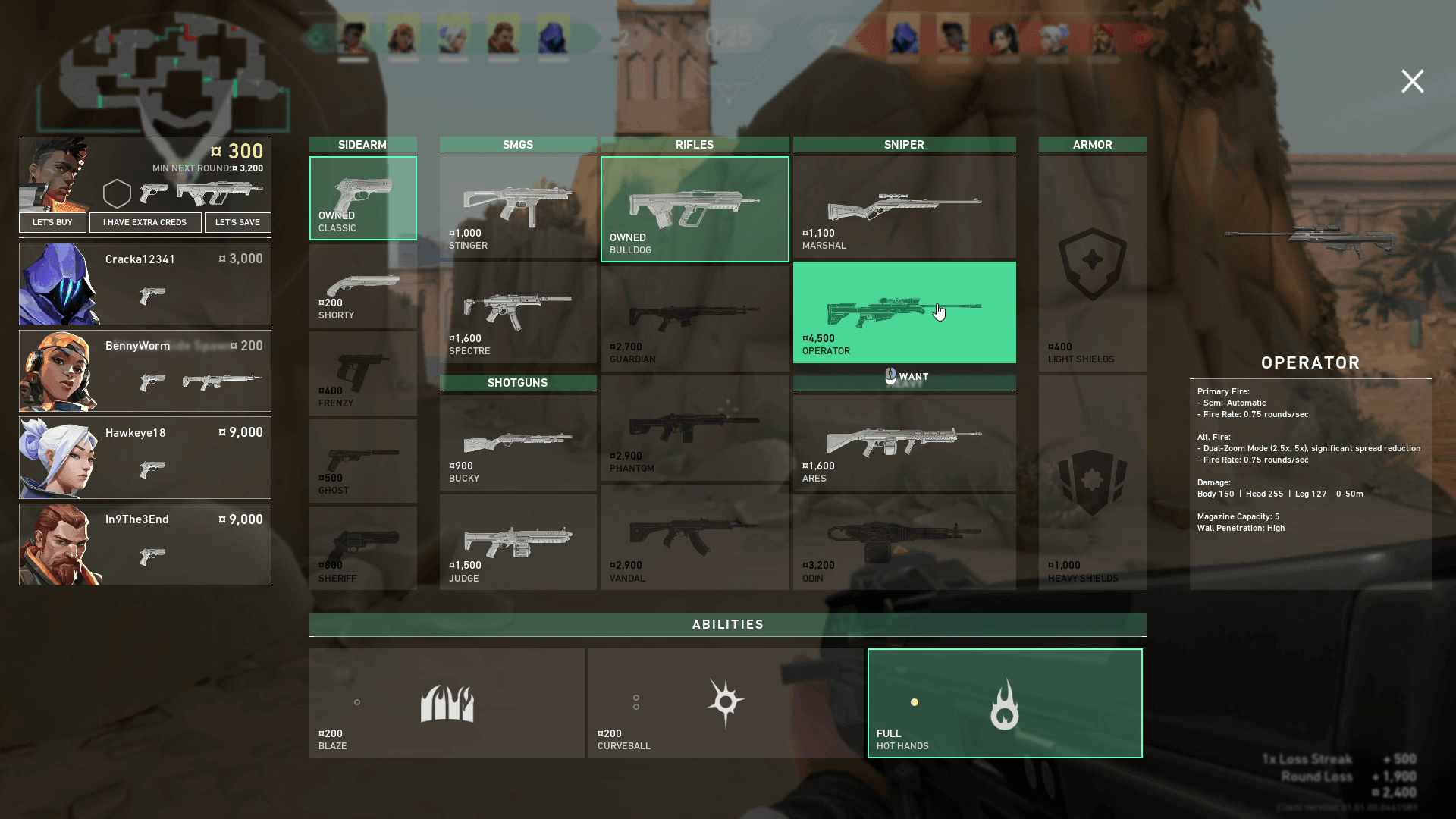 The buying phase of each round in Valorant lets you select the equipment you want to use.