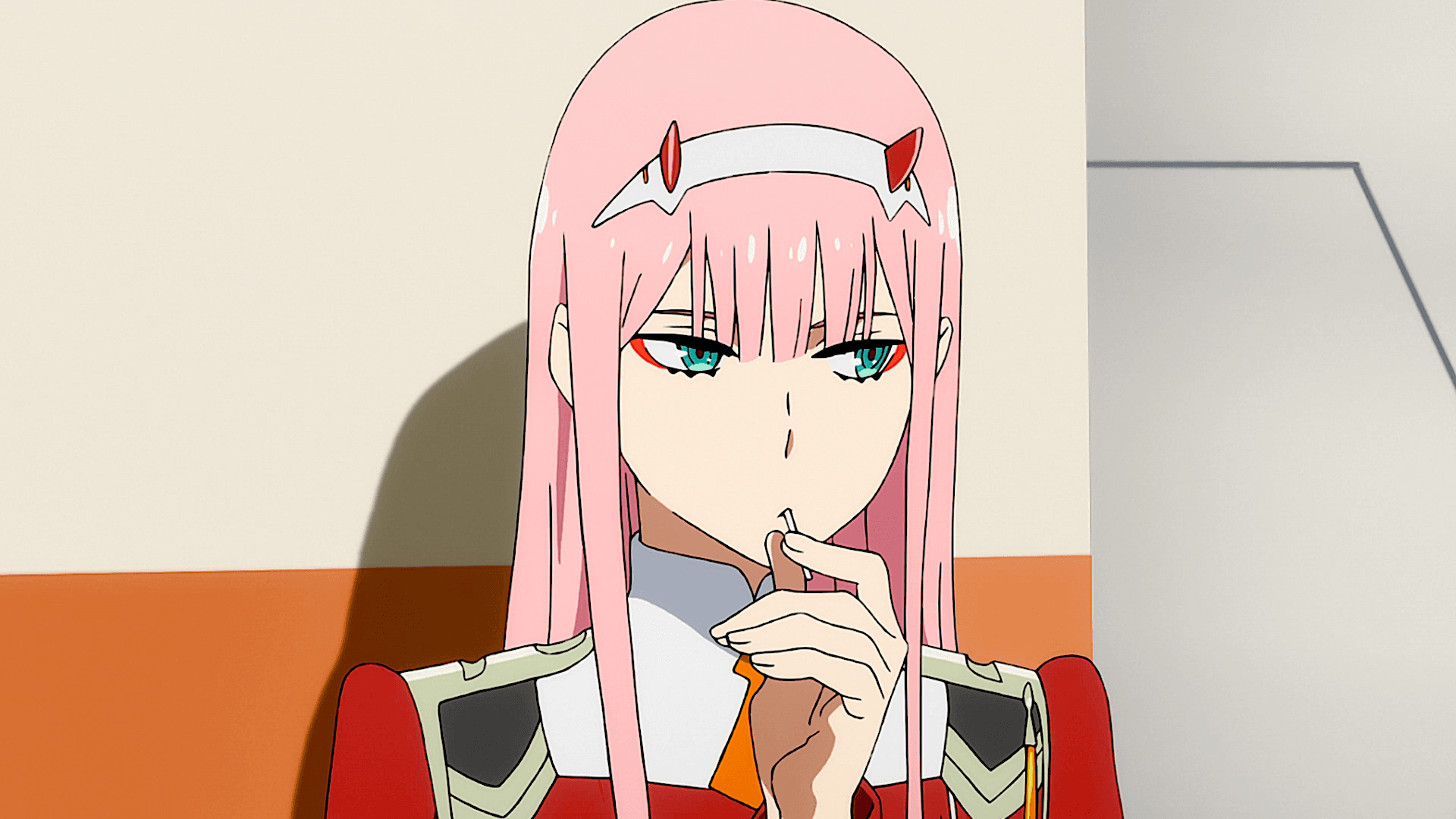 Zero Two drinking in Darling in the Franxx.