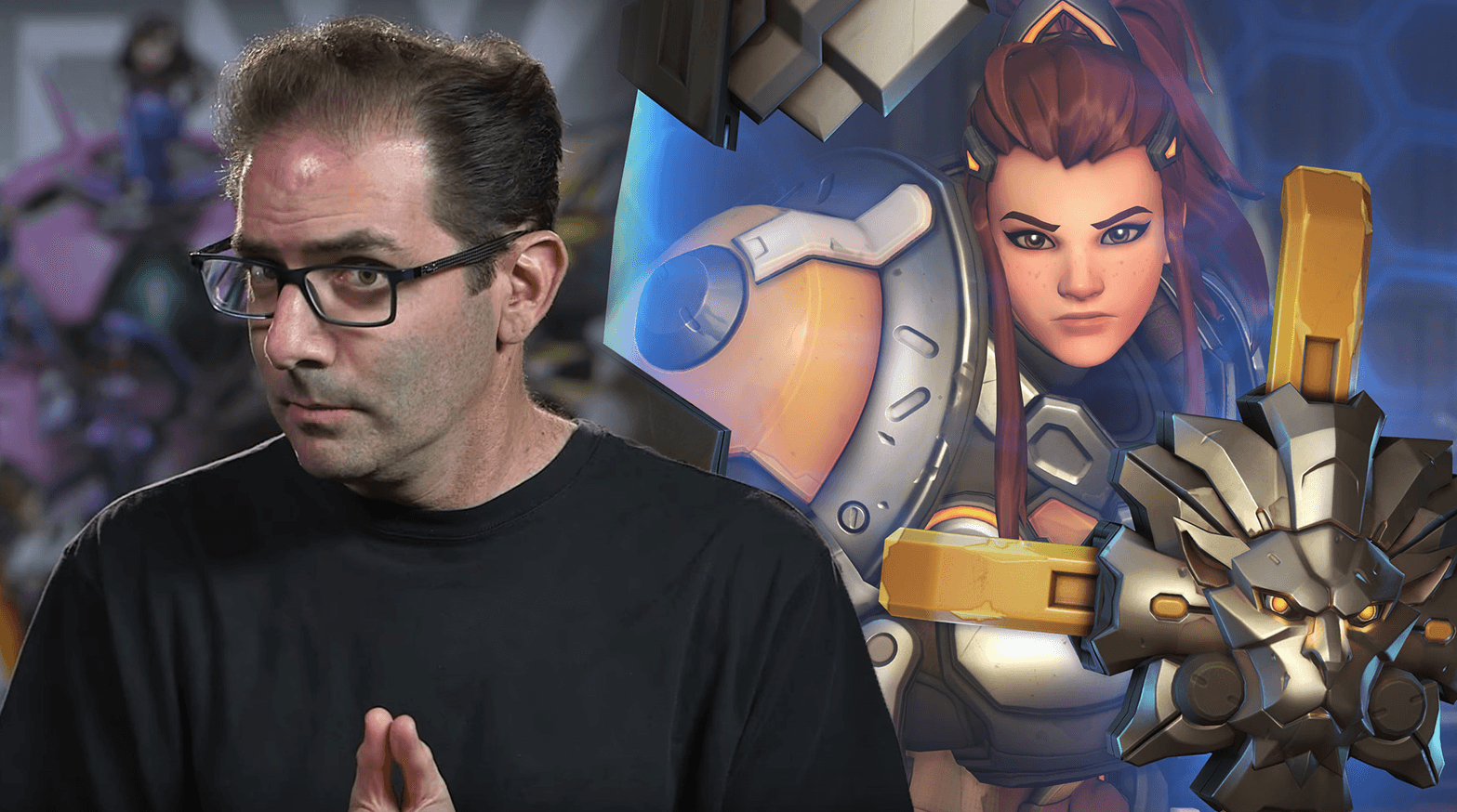 Jeff Kaplan talking to camera / Overwatch hero Brigitte in game