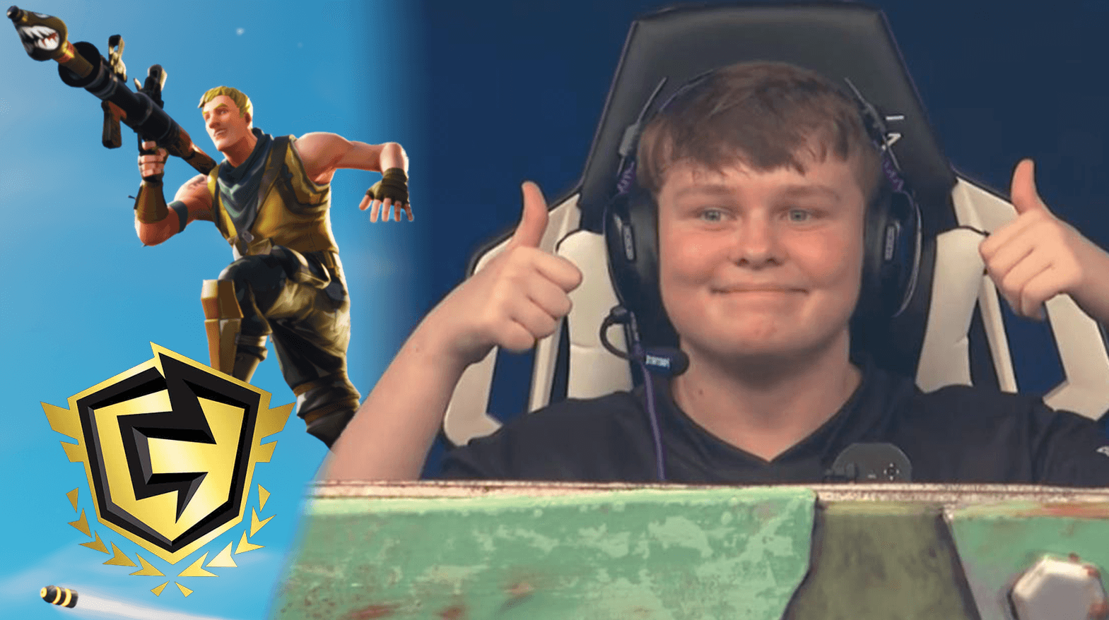 Fortnite gameplay / FNCS logo / Benjyfishy thumbs up at Fortnite World Cup