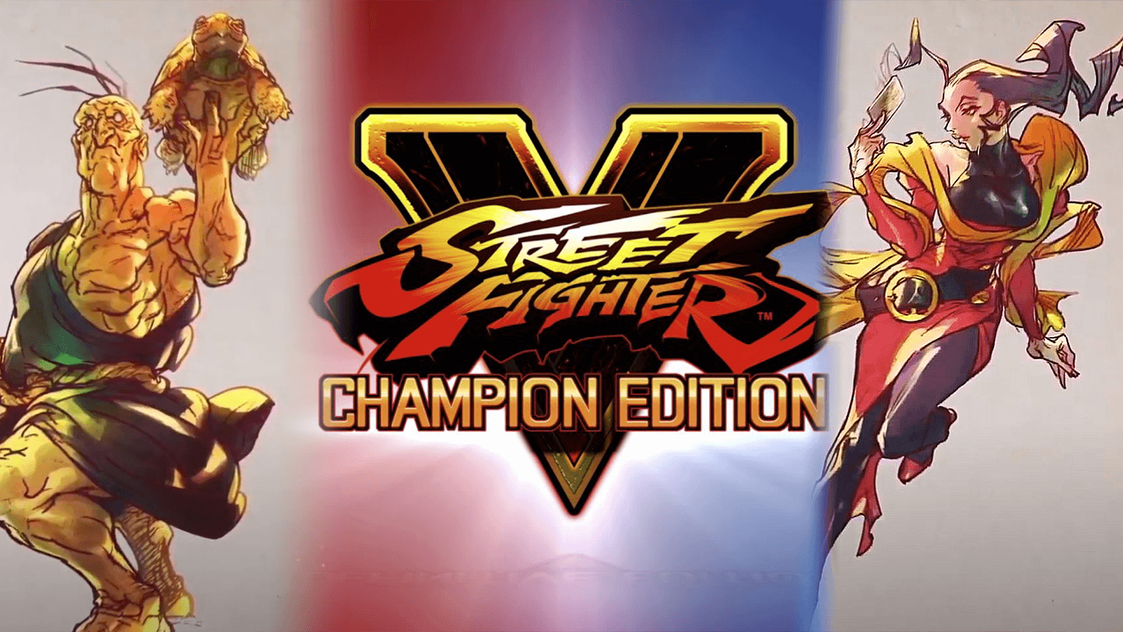 Street Fighter V: Champion Edition logo surrounded by Oro's SFV art and Rose's SFV art.